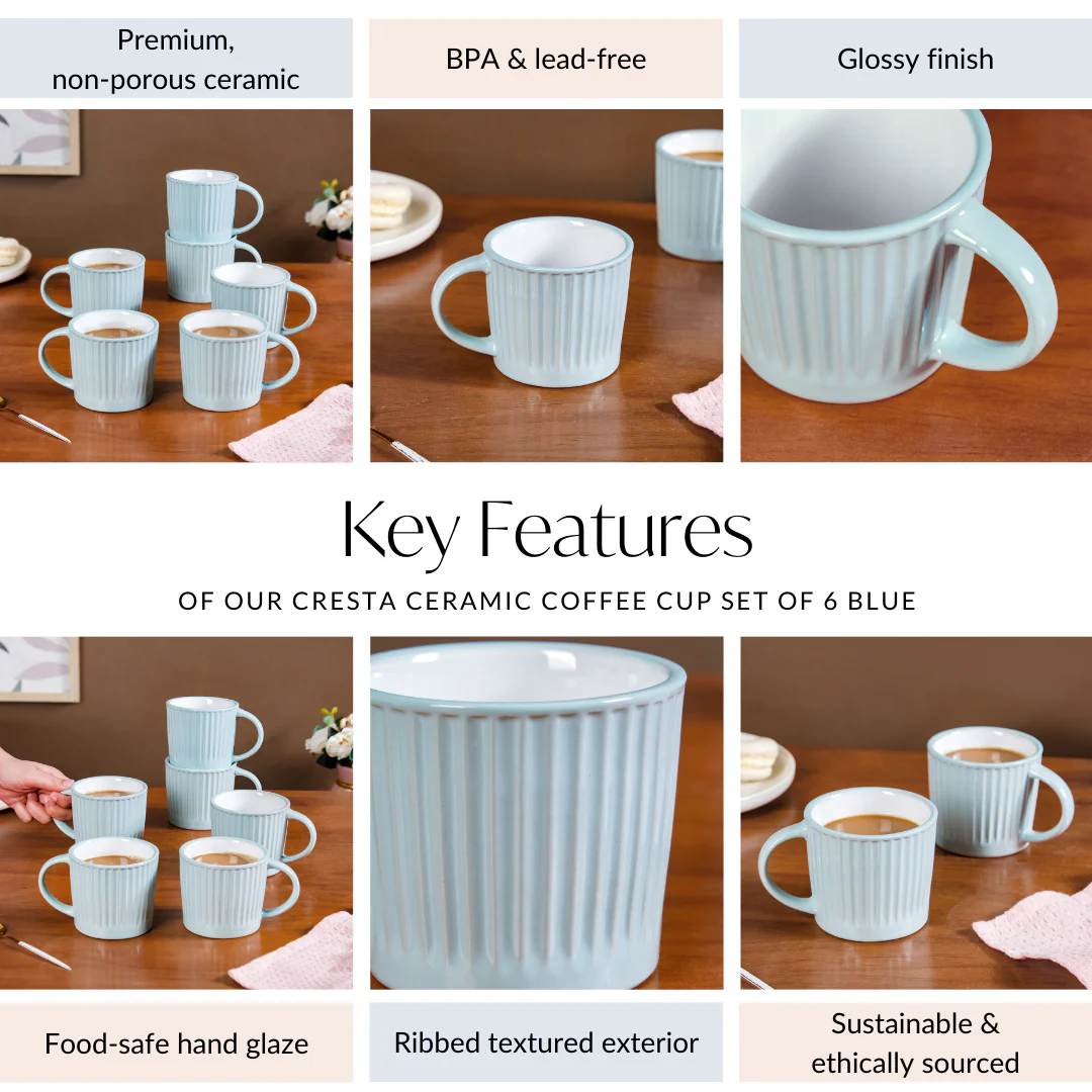 Cresta Ceramic Coffee Cup Set Of 6 Blue 300ml - Image 5