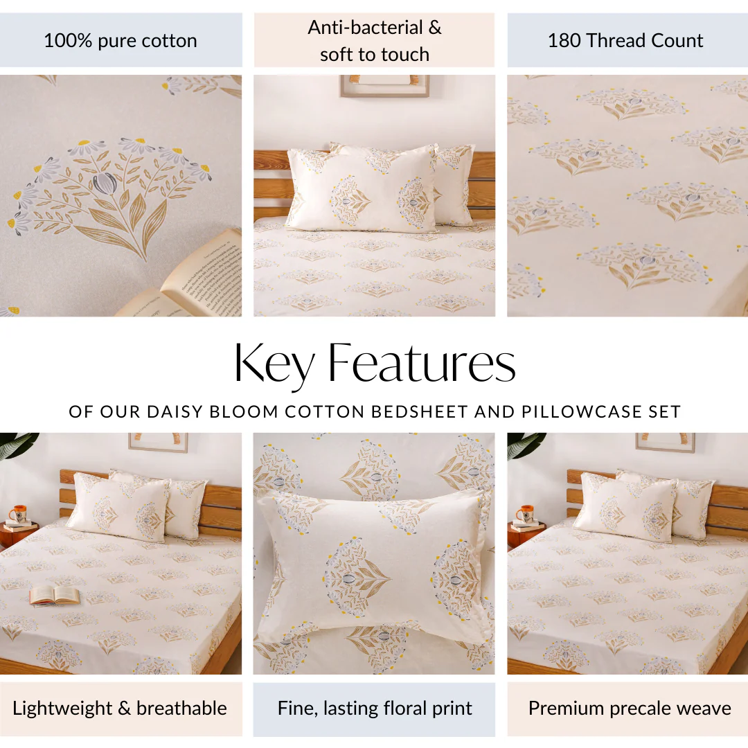 Daisy Pure Cotton Bedsheet And Pillowcase Set Ultra Soft 180 TC King Size 275x275 cm - Image 4