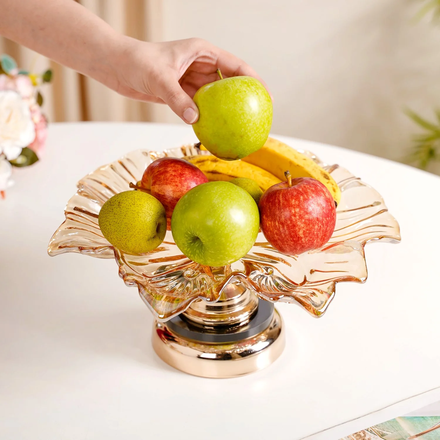Decorative Crystal Glass Platter With Metal Stand - Image 2