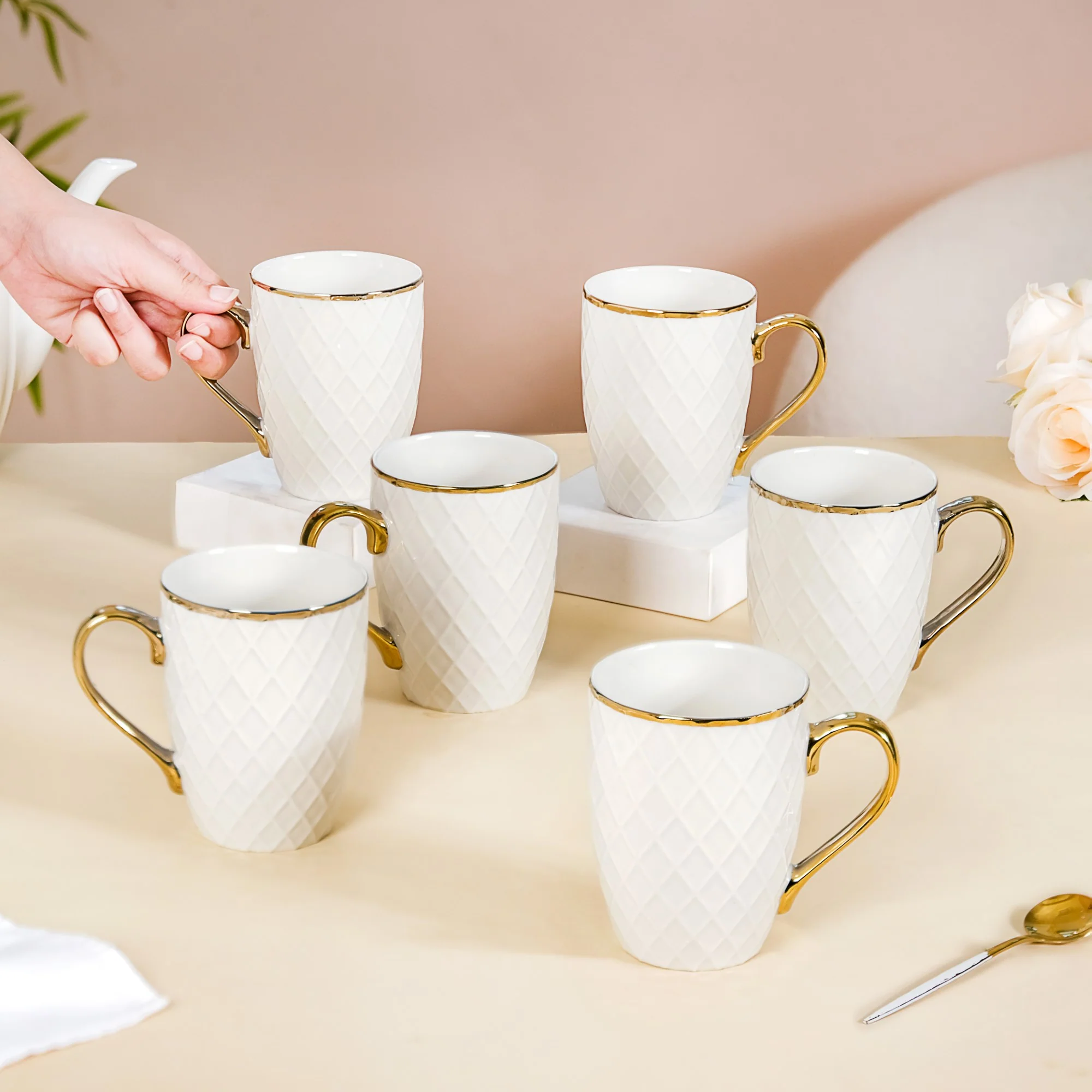 Diamond Embossed Mug Set of 6 330ml - Image 2