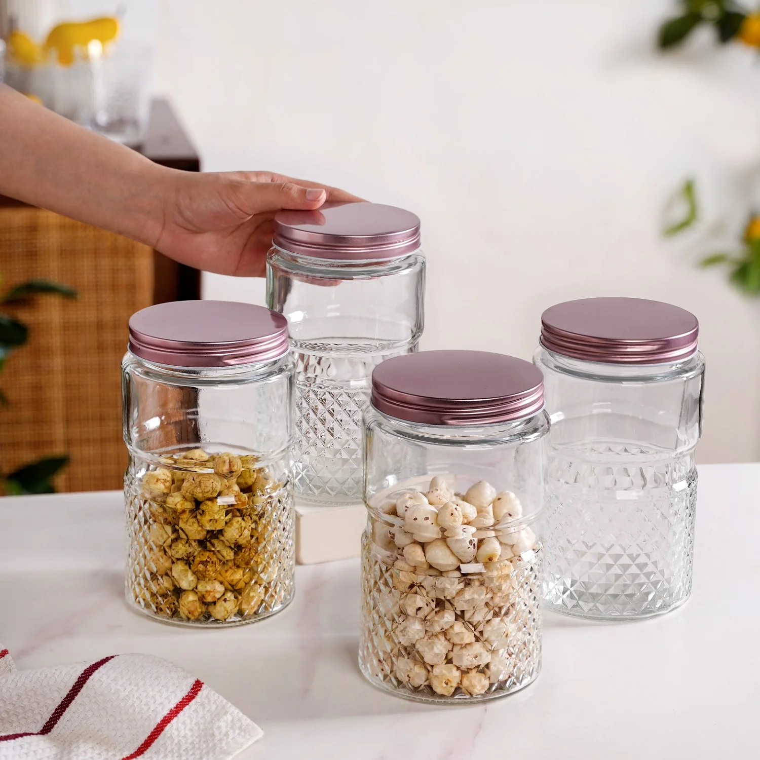 Diamond Embossed Storage Glass Jars With Lids Set Of 4 1000ml - Image 2