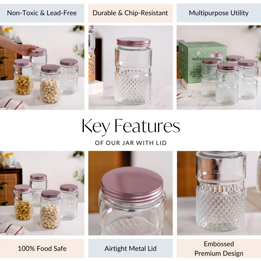 Diamond Embossed Storage Glass Jars With Lids Set Of 4 1000ml - Image 4