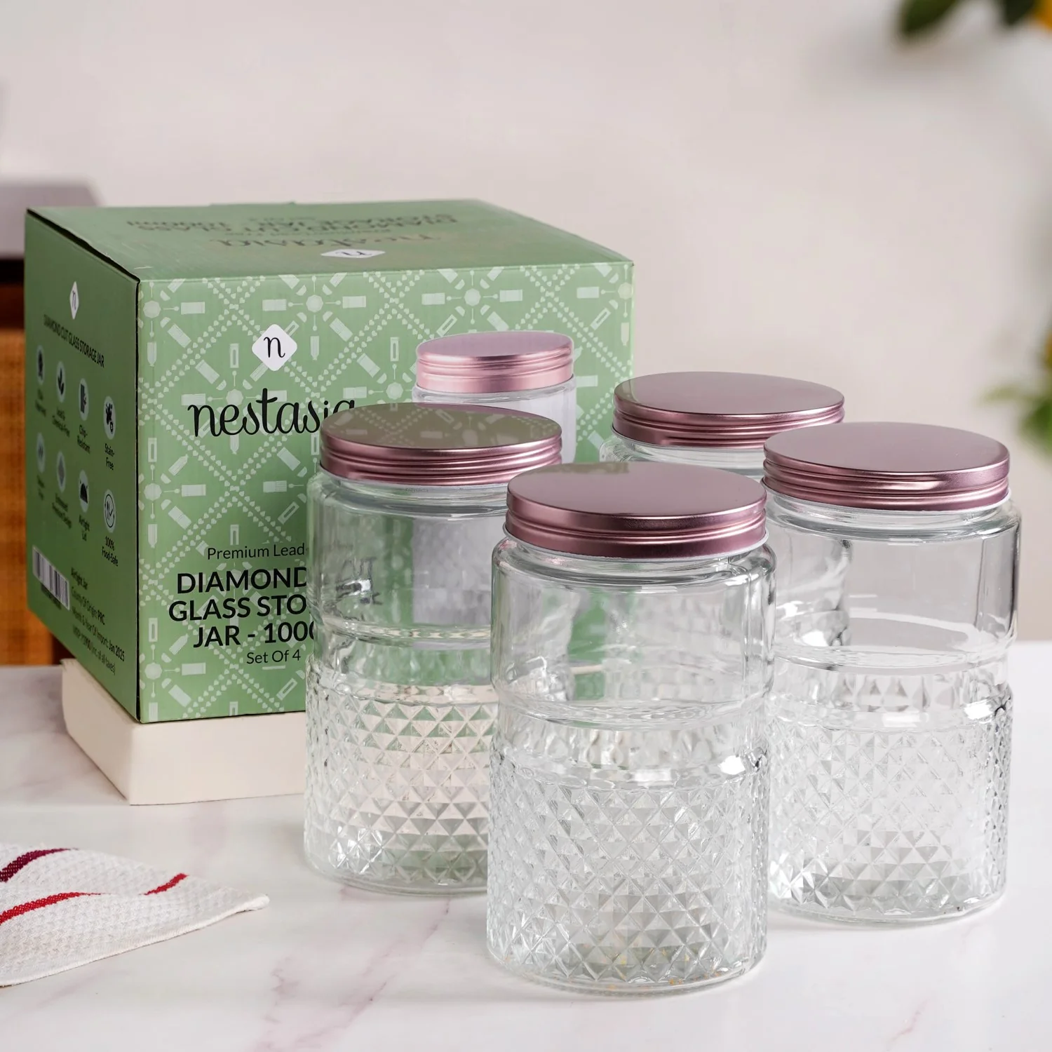 Diamond Embossed Storage Glass Jars With Lids Set Of 4 1000ml - Image 9