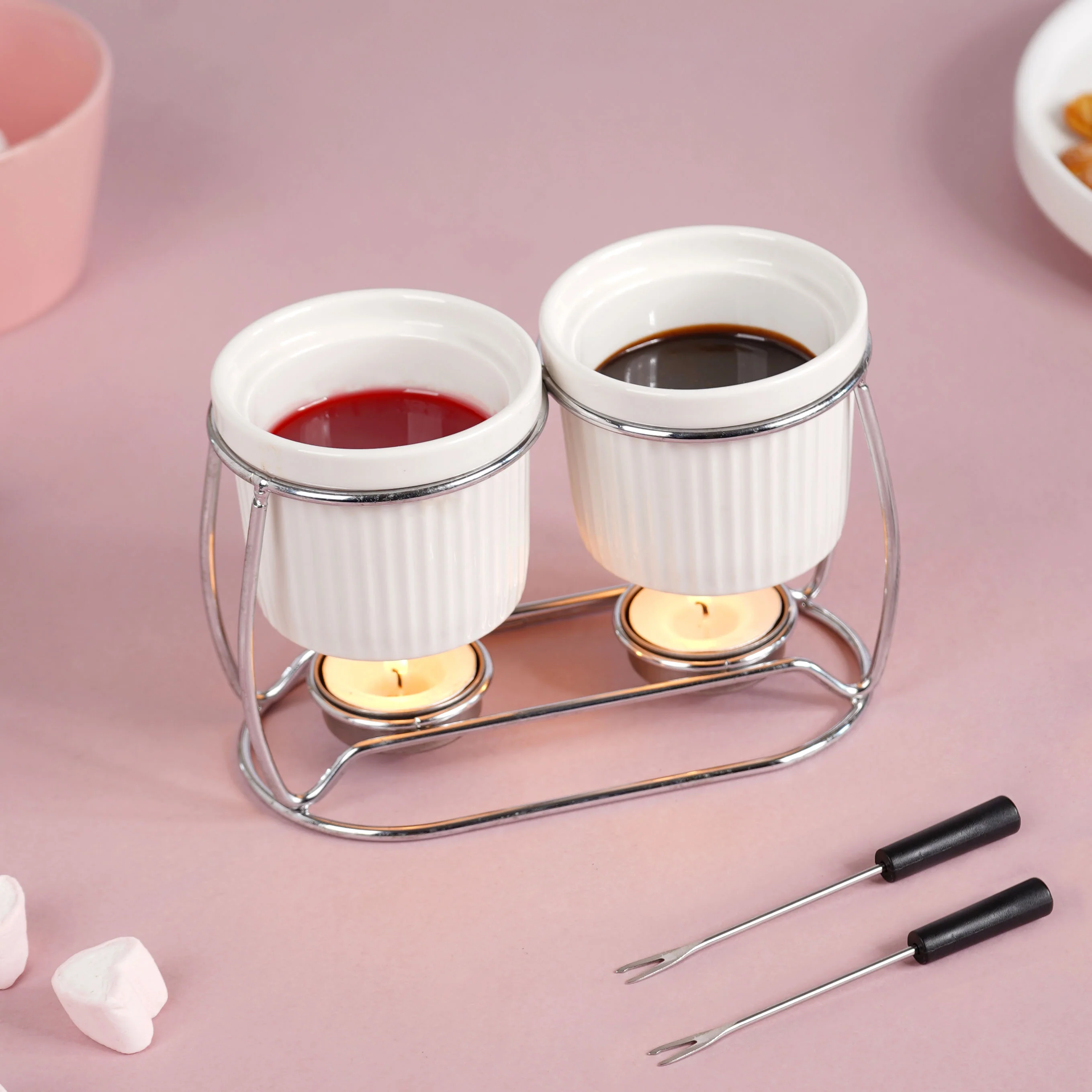 Double Bowl Ceramic Fondue Set - Image 4