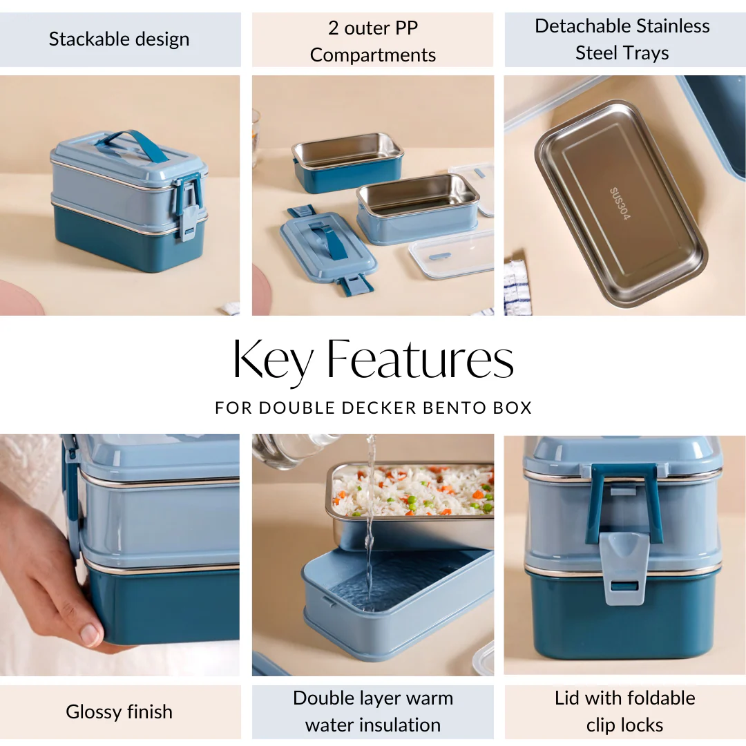 Double Decker Bento Lunch Box Blue 1400ml - Image 7