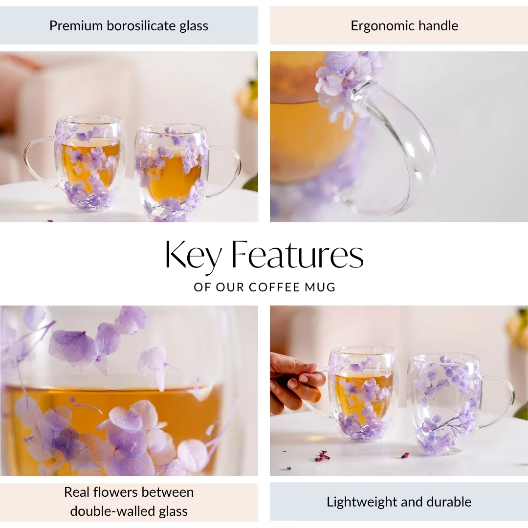 Double Wall Flower Inside Glass Insulated Mug Set Of 2 350ml - Image 5