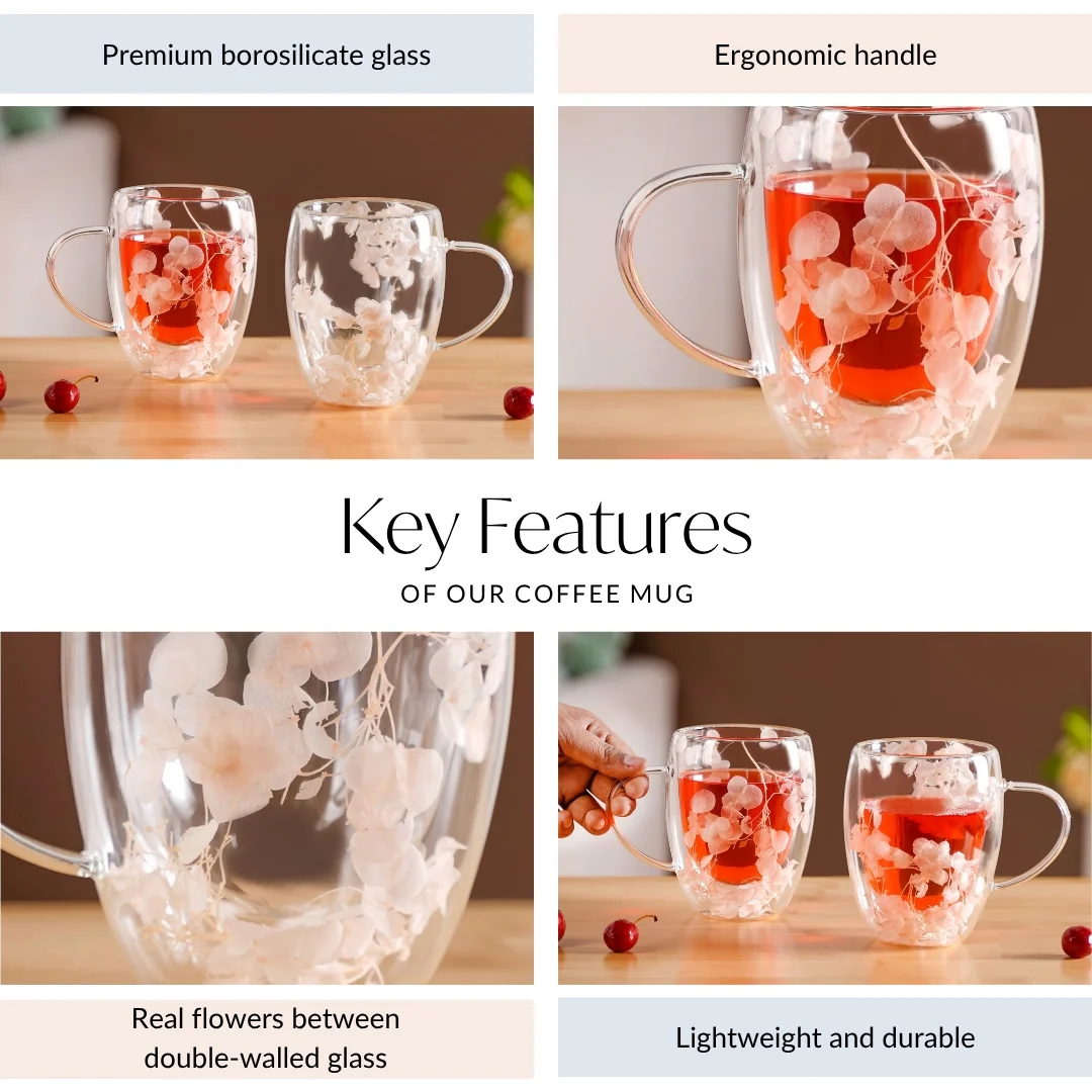 Dried Flowers Inside Double Glass Coffee Mug Set Of 2 350ml - Image 5