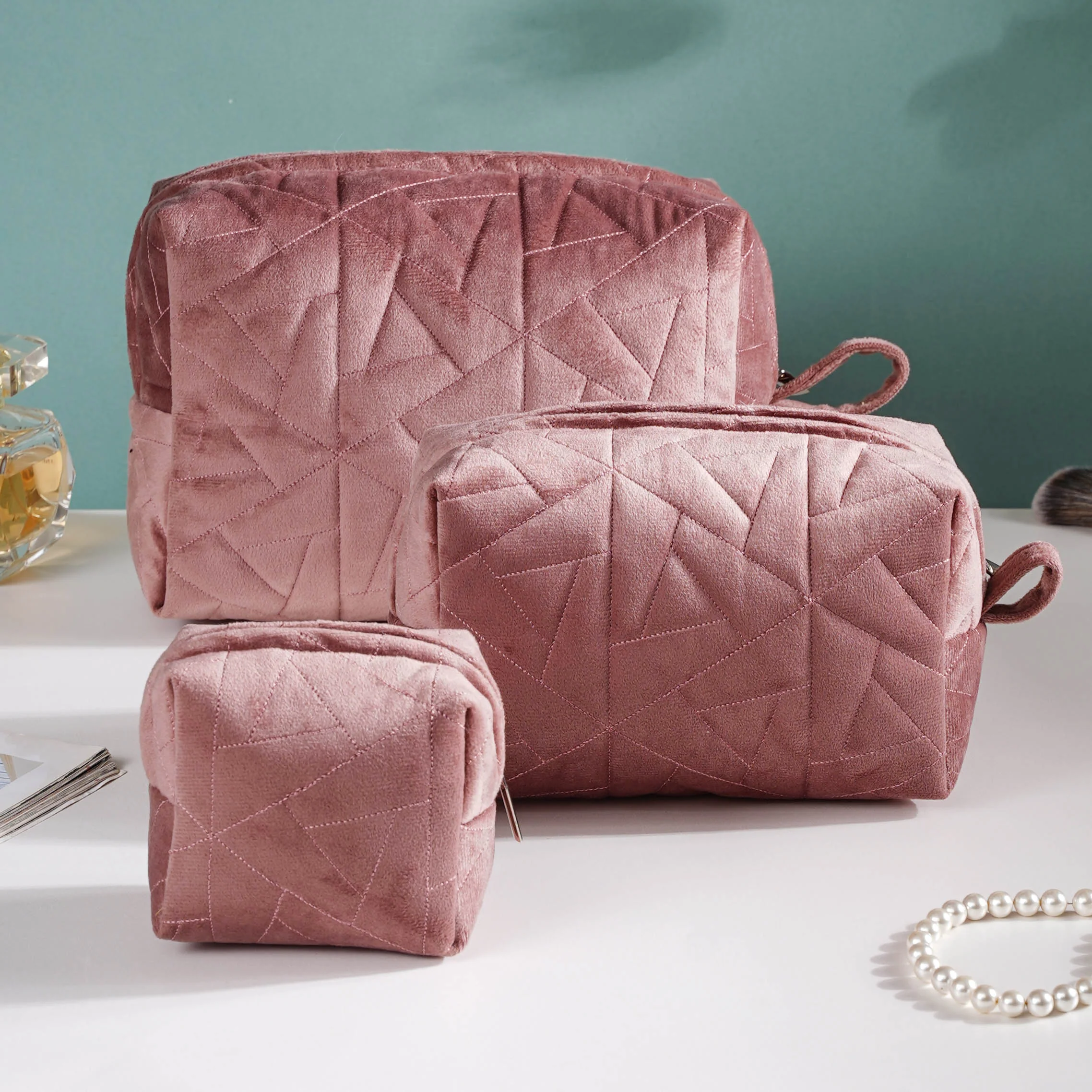 Dusty Rose Pink Cosmetic Bag Set Of 3 - Image 2