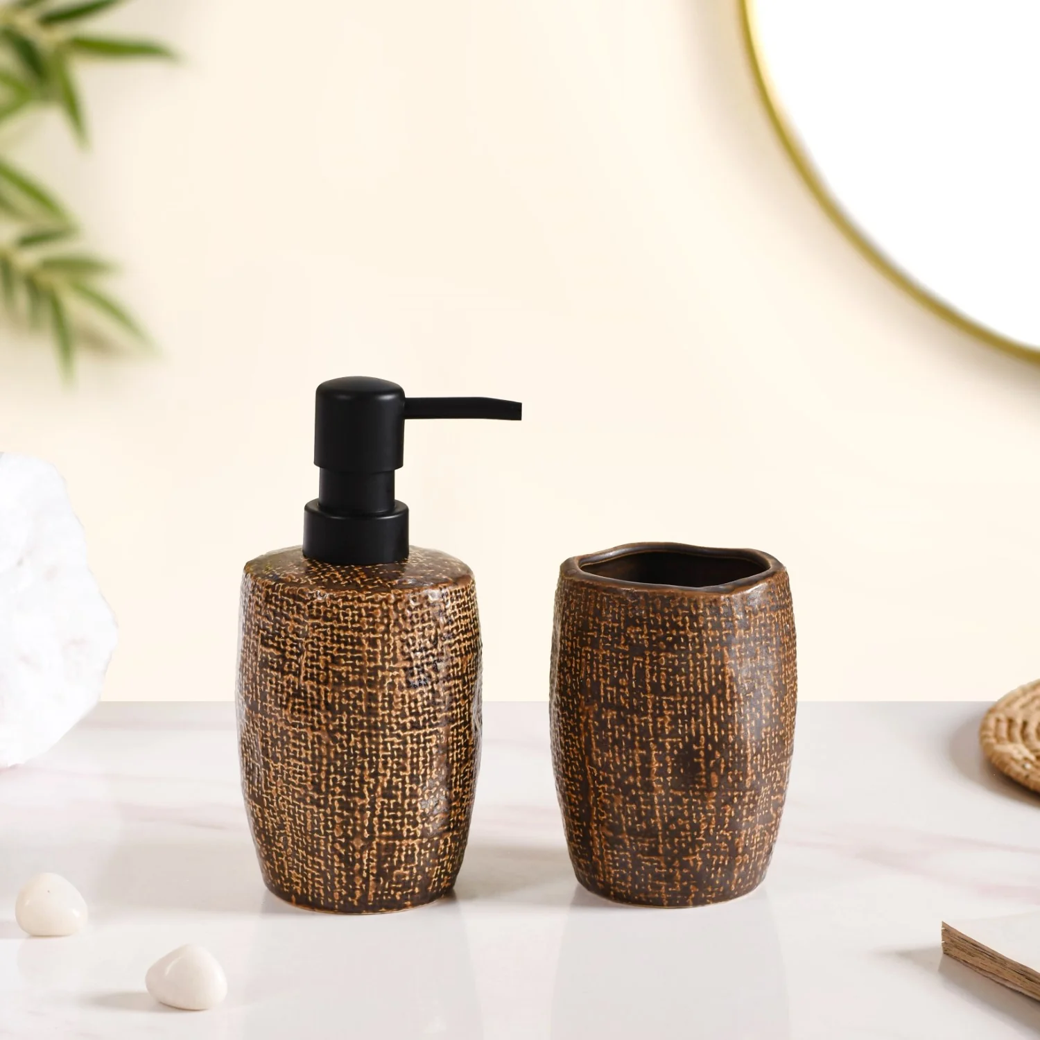 Earthy Chic Ceramic Bathroom Accessories Set Of 2 Brown - Image 4