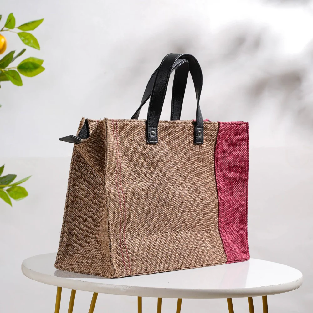 Eco Friendly Jute Lunch Bag Beige And Red 15 x 10 Inch - Image 15