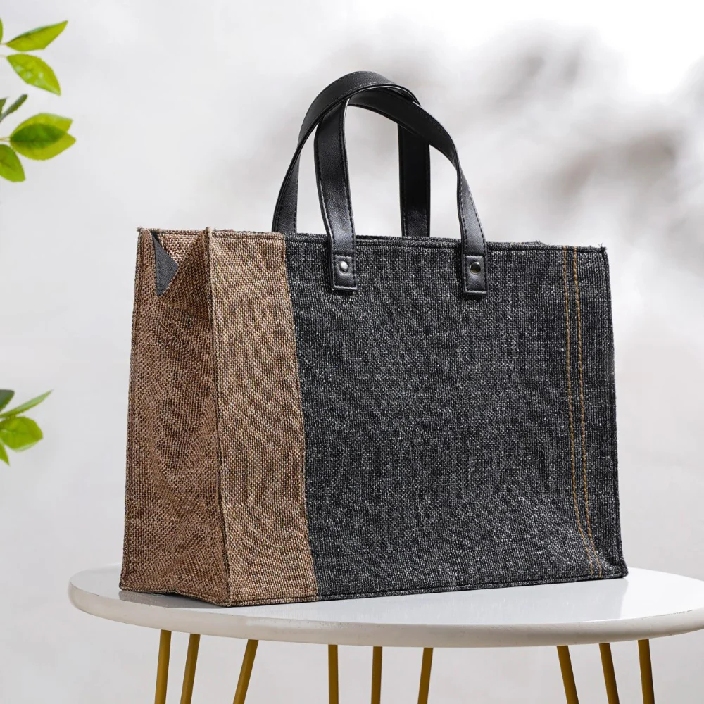Eco Friendly Jute Lunch Bag Black And Beige 15 x 10 Inch - Image 13