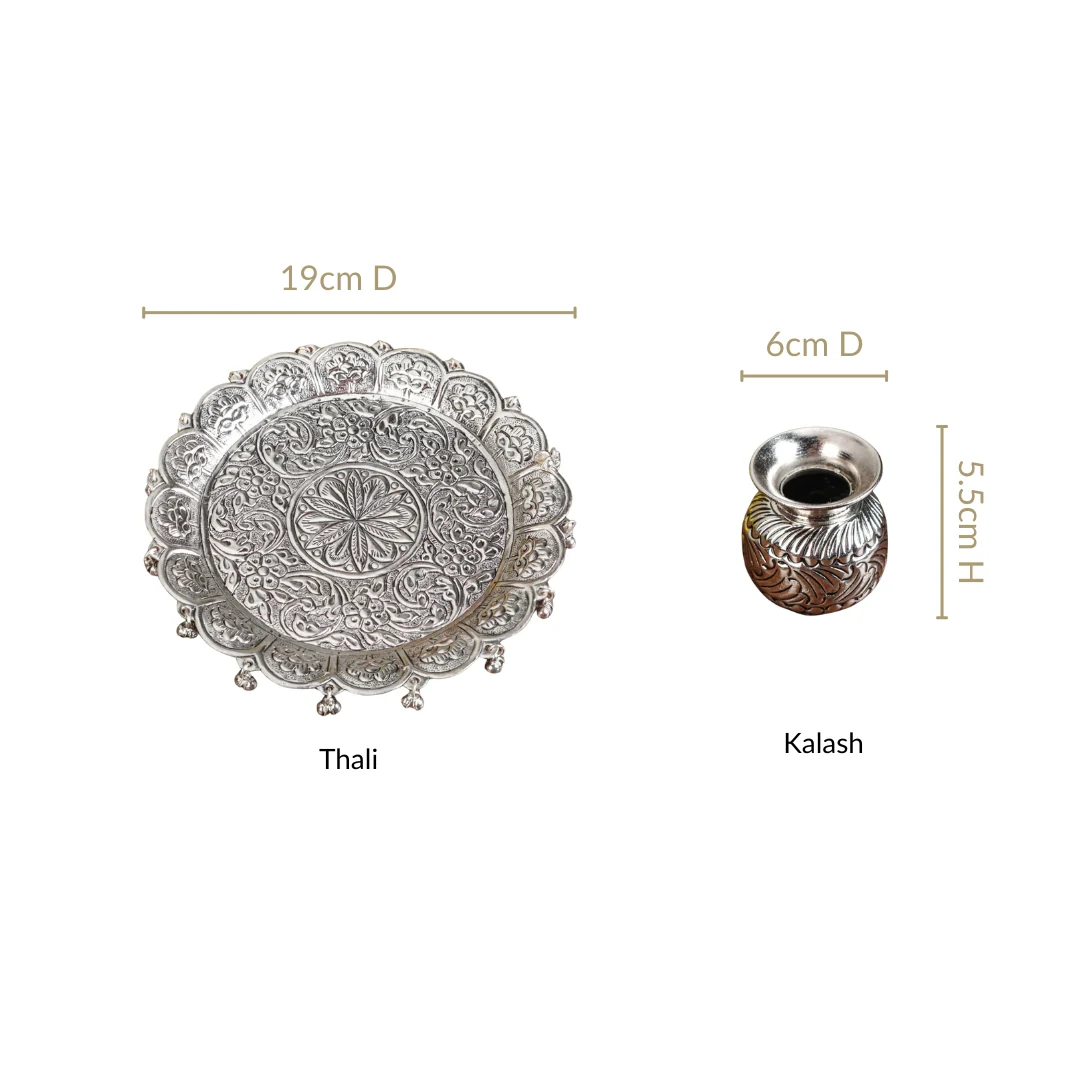 Embossed Brass Flower Pooja Thali And Kalash Set - Image 3