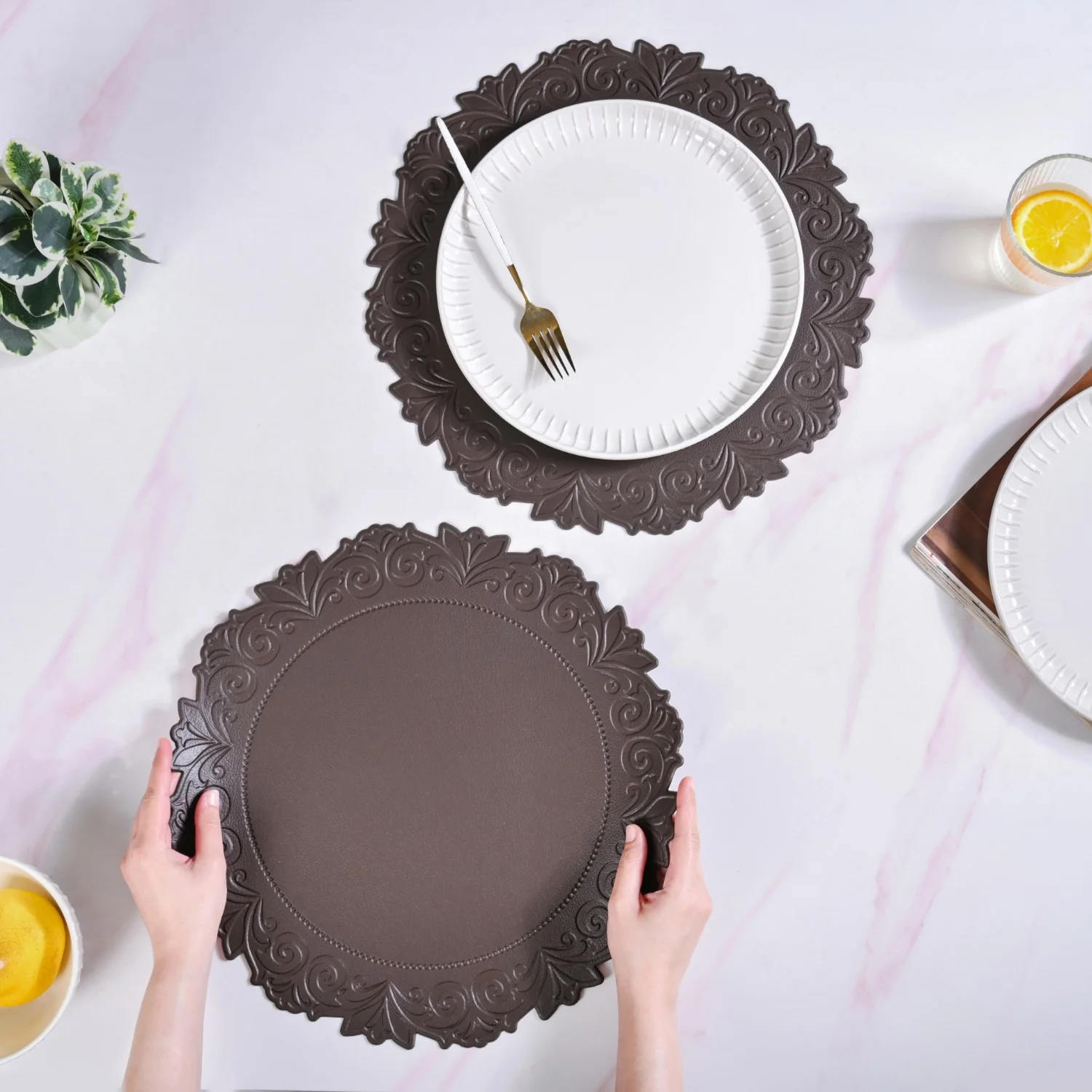 Embossed Brown Round Placemat Set Of 6 - Image 2