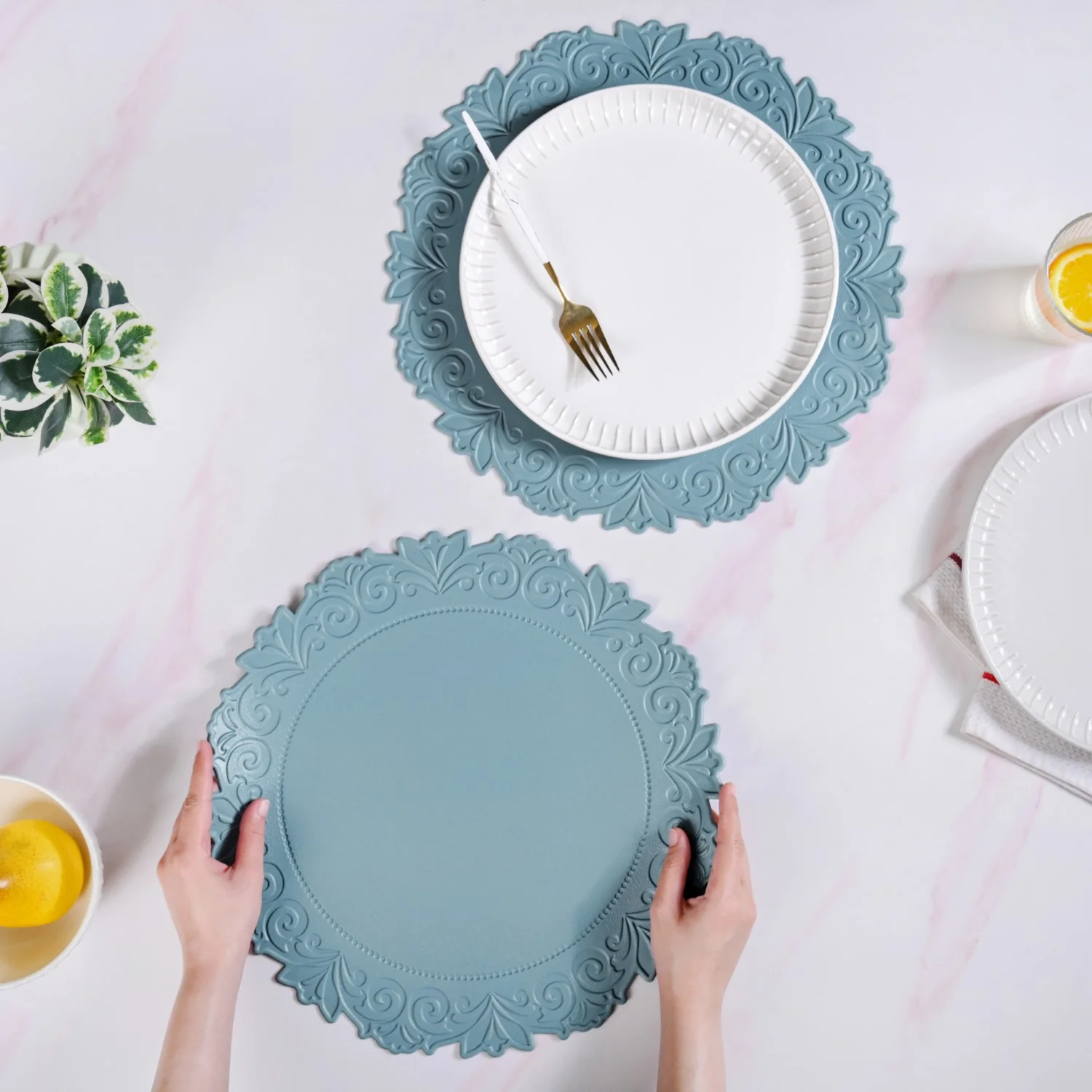 Embossed Cerulean Round Placemat Set Of 6 - Image 2