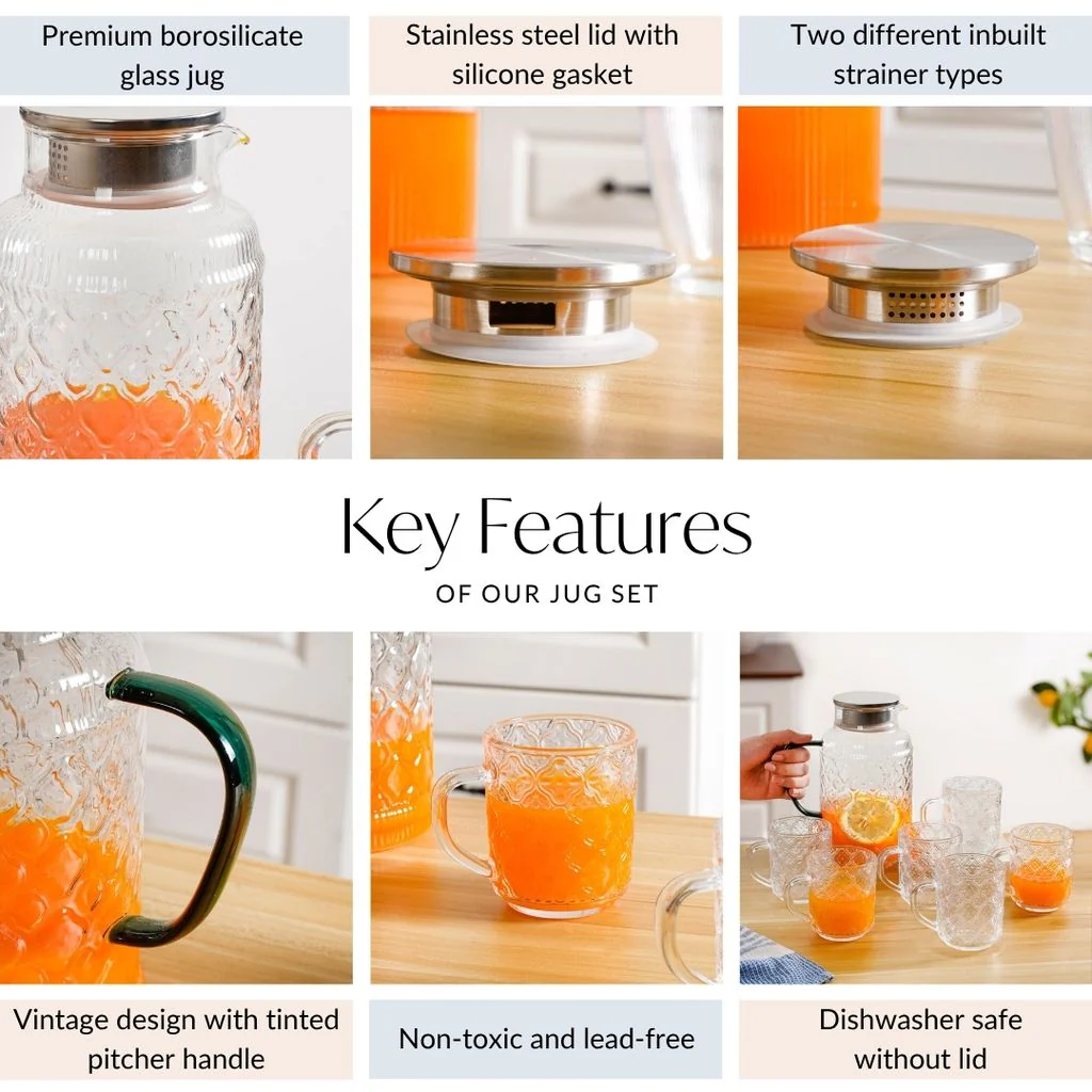 Embossed Glass Pitcher And Mug Set Of 7 - Image 4