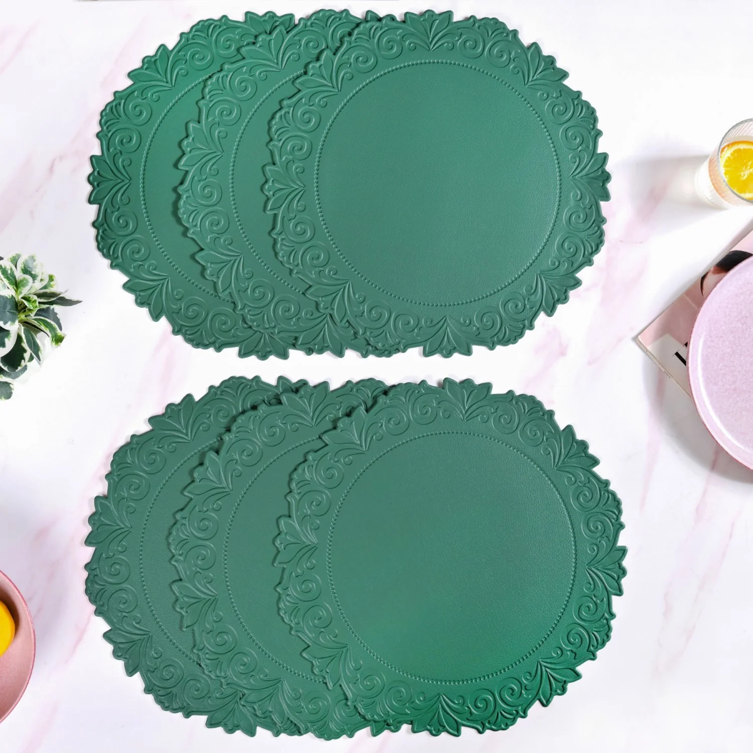 Embossed Green Round Placemat Set Of 6 - Image 7