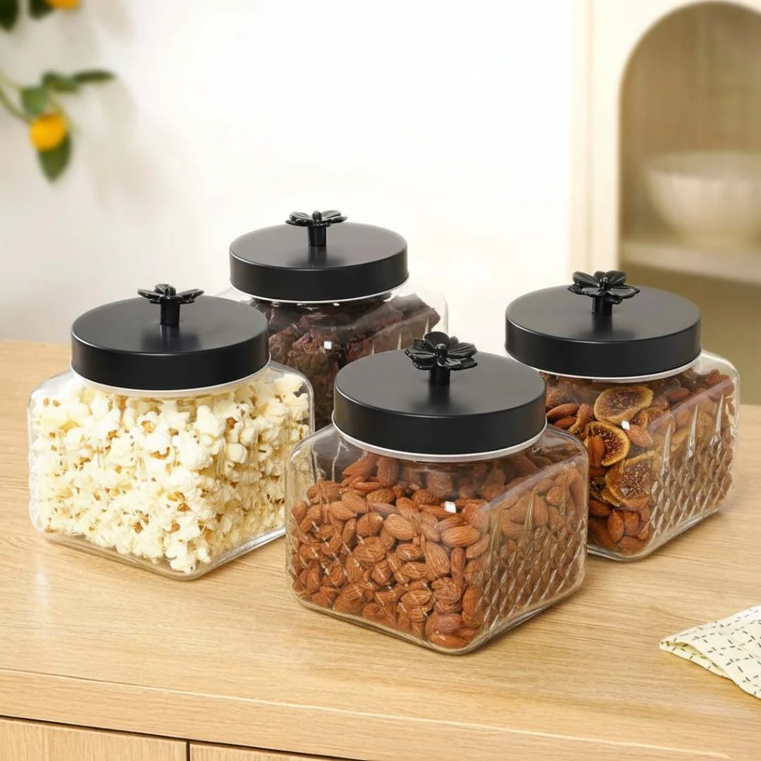 Embossed Jar With Flower Knob Set Of 4 Matte Black 1300ml - Image 7