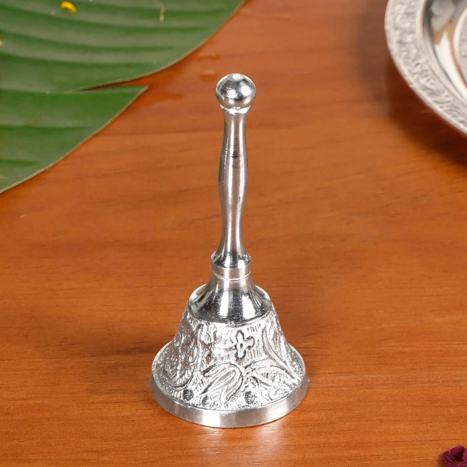 Embossed Silver Pooja Thali Set Of 7 With Kalash Spoon Bowl Bell Diya - Image 12