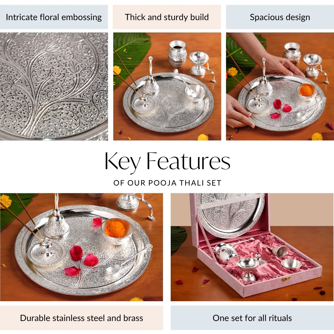 Embossed Silver Pooja Thali Set Of 7 With Kalash Spoon Bowl Bell Diya - Image 5