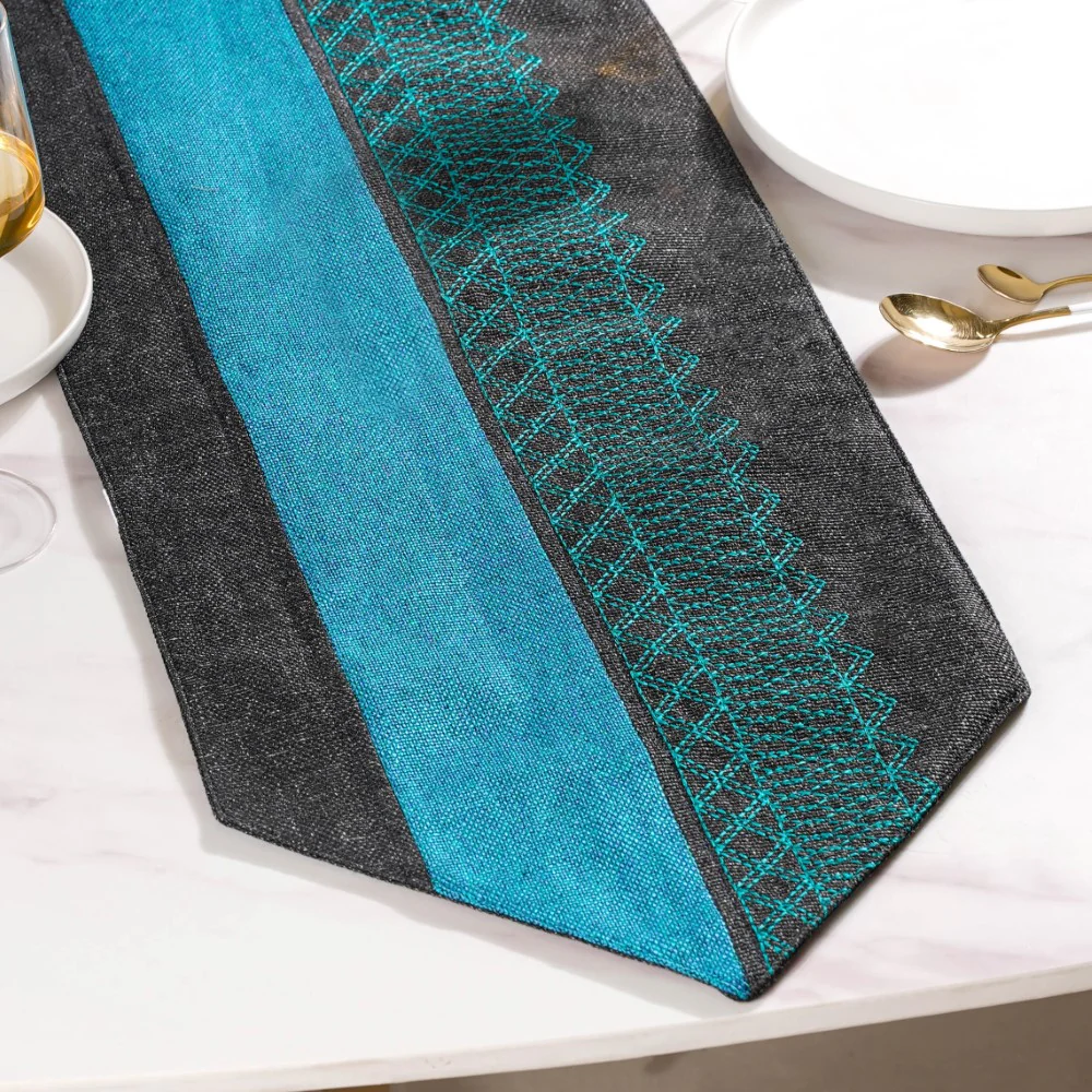 Embroidered Two Colour Jute Table Runner Blue Black 72 Inch - Image 4