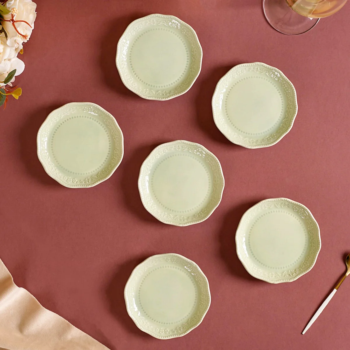Era Embossed Small Dessert Plate Set Of 6 Light Green 4.5" - Image 3
