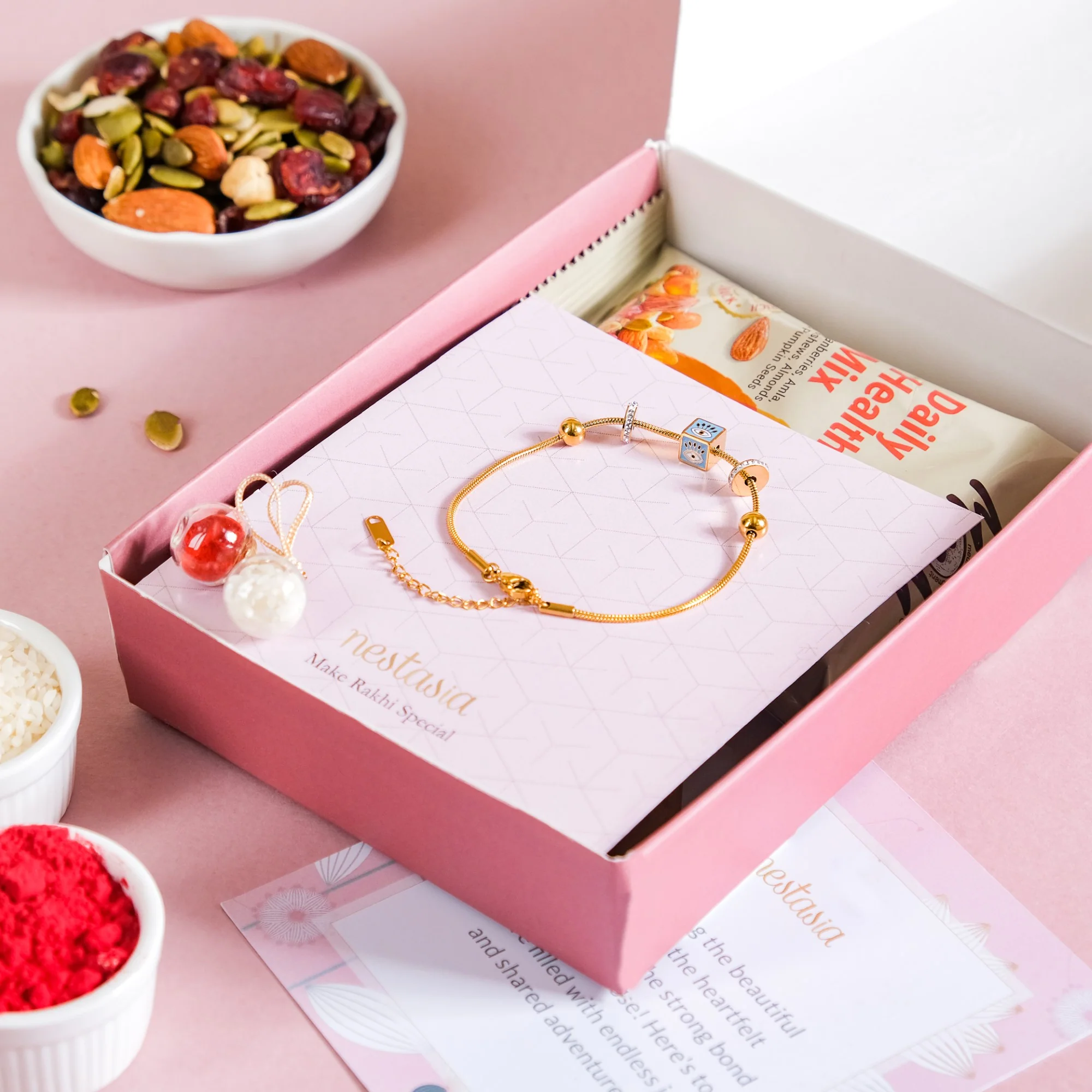 Evil Eye Gold Bracelet Rakhi Hamper Set Of 3 With Gift Box - Image 5