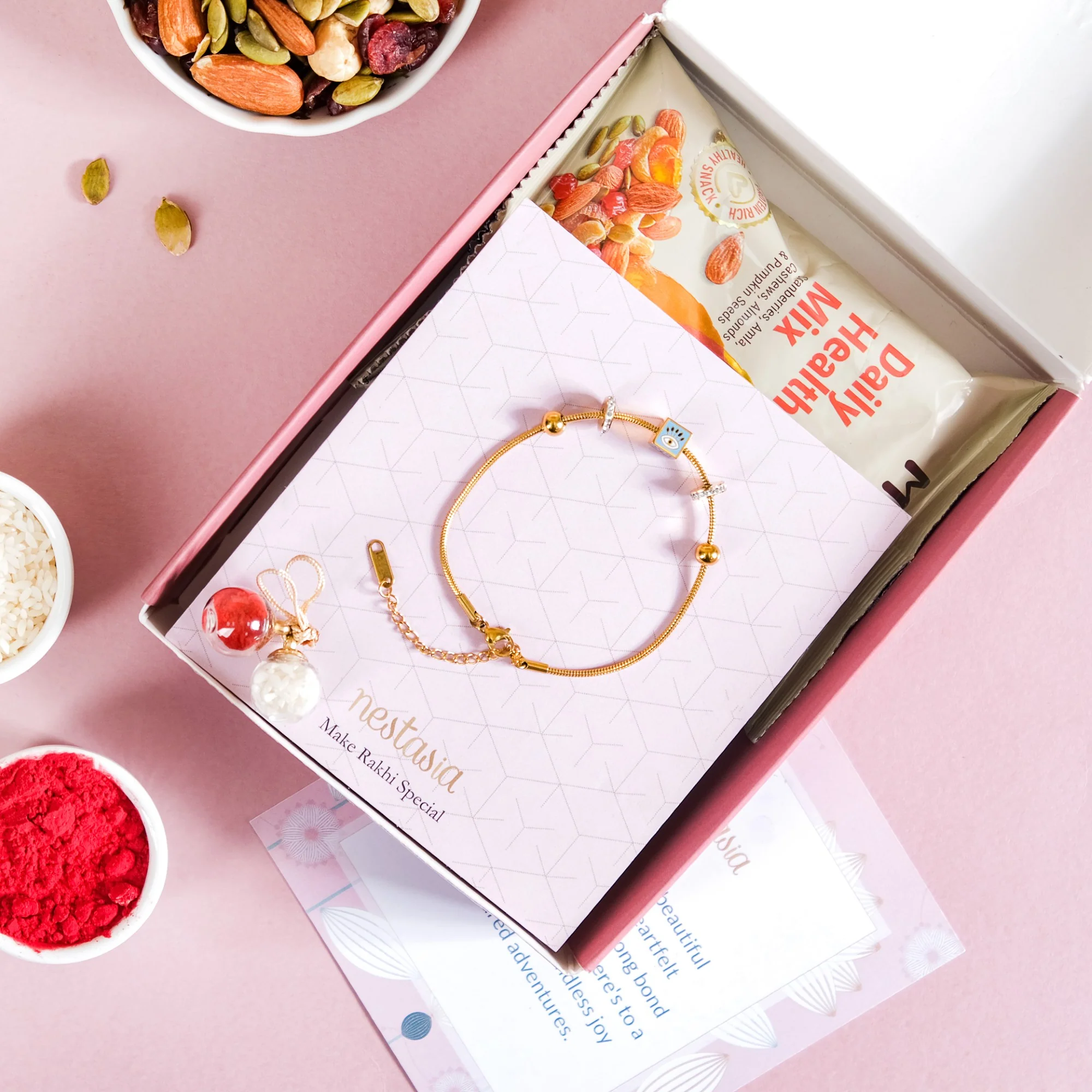 Evil Eye Gold Bracelet Rakhi Hamper Set Of 3 With Gift Box - Image 6