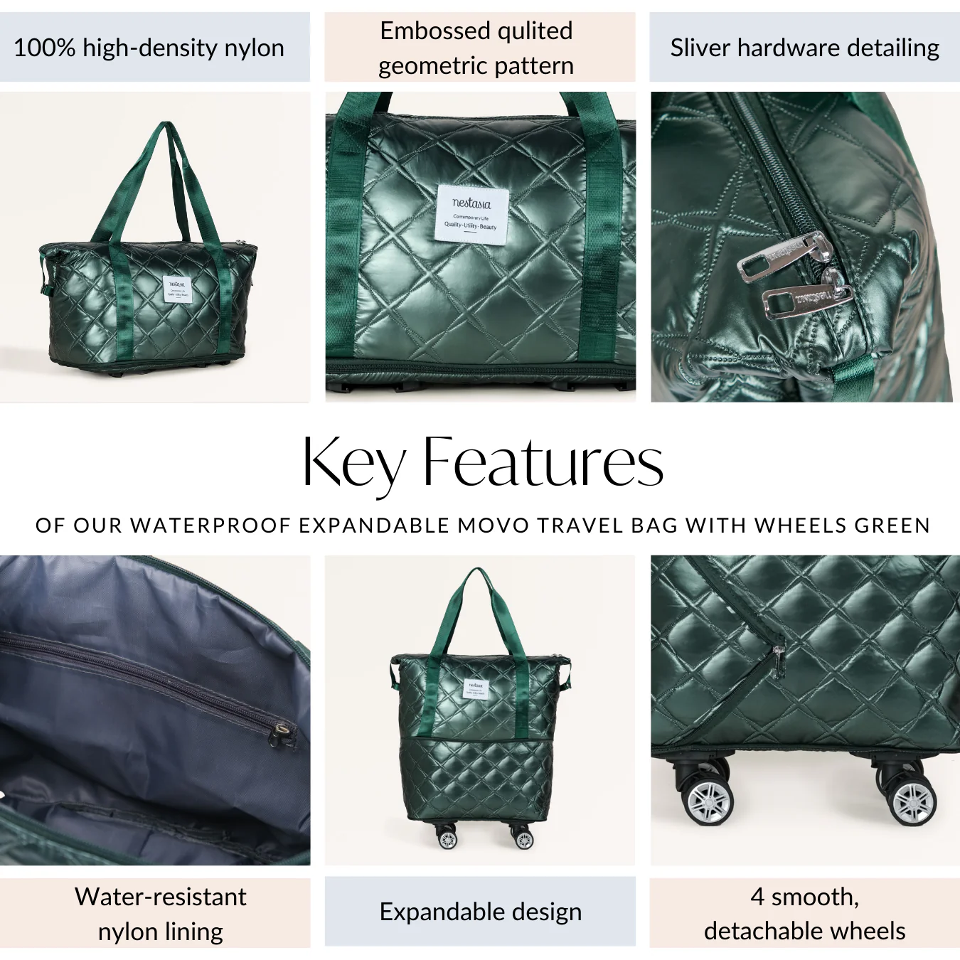 Expandable Movo Travel Bag With Removable Wheels Metallic Green - Image 5