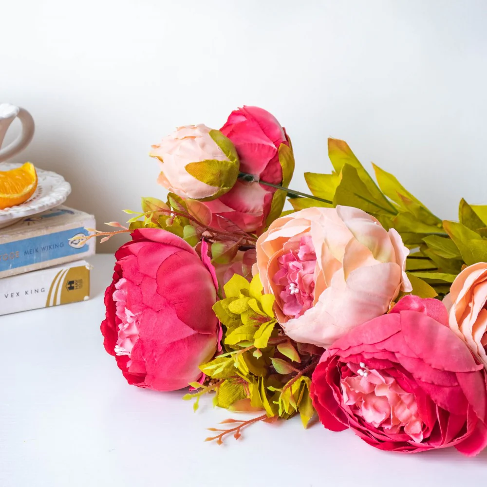 Faux Rose Bouquet Peach And Carmine - Image 5