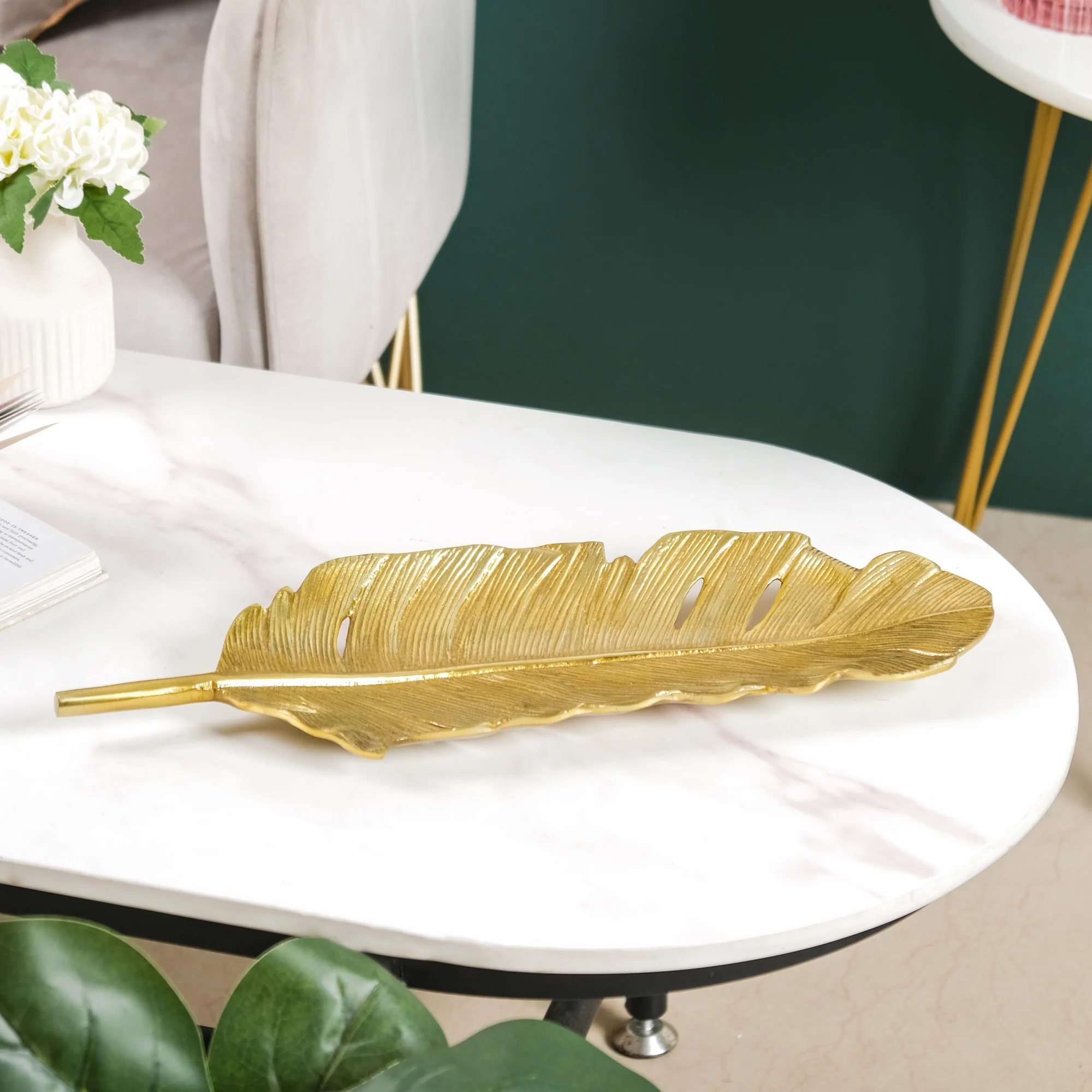 Feather Decorative Platter Tray Gold 18 Inch - Image 10