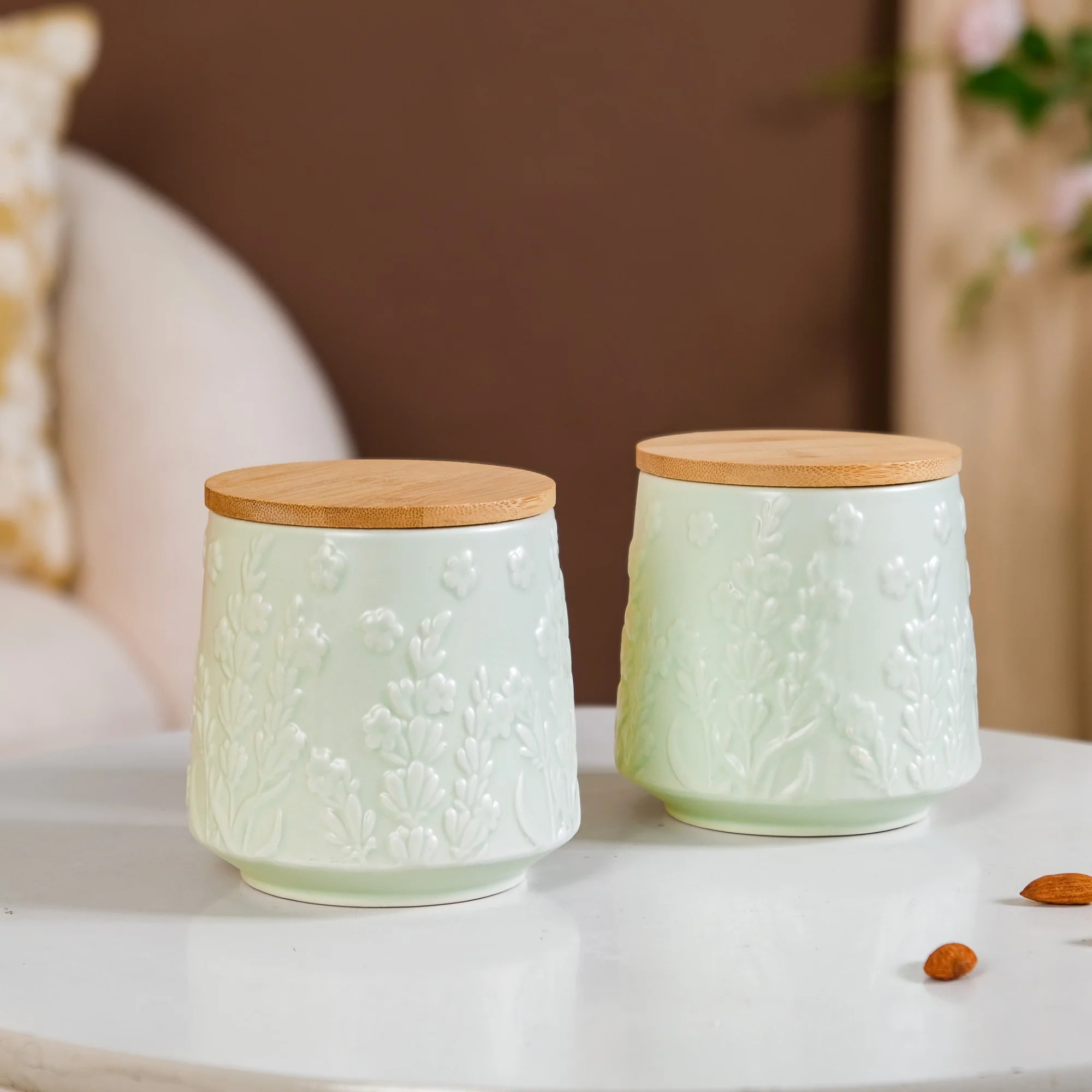 Floral Embossed Ceramic Jar For Storage Set Of 2 Mint Green - Image 11