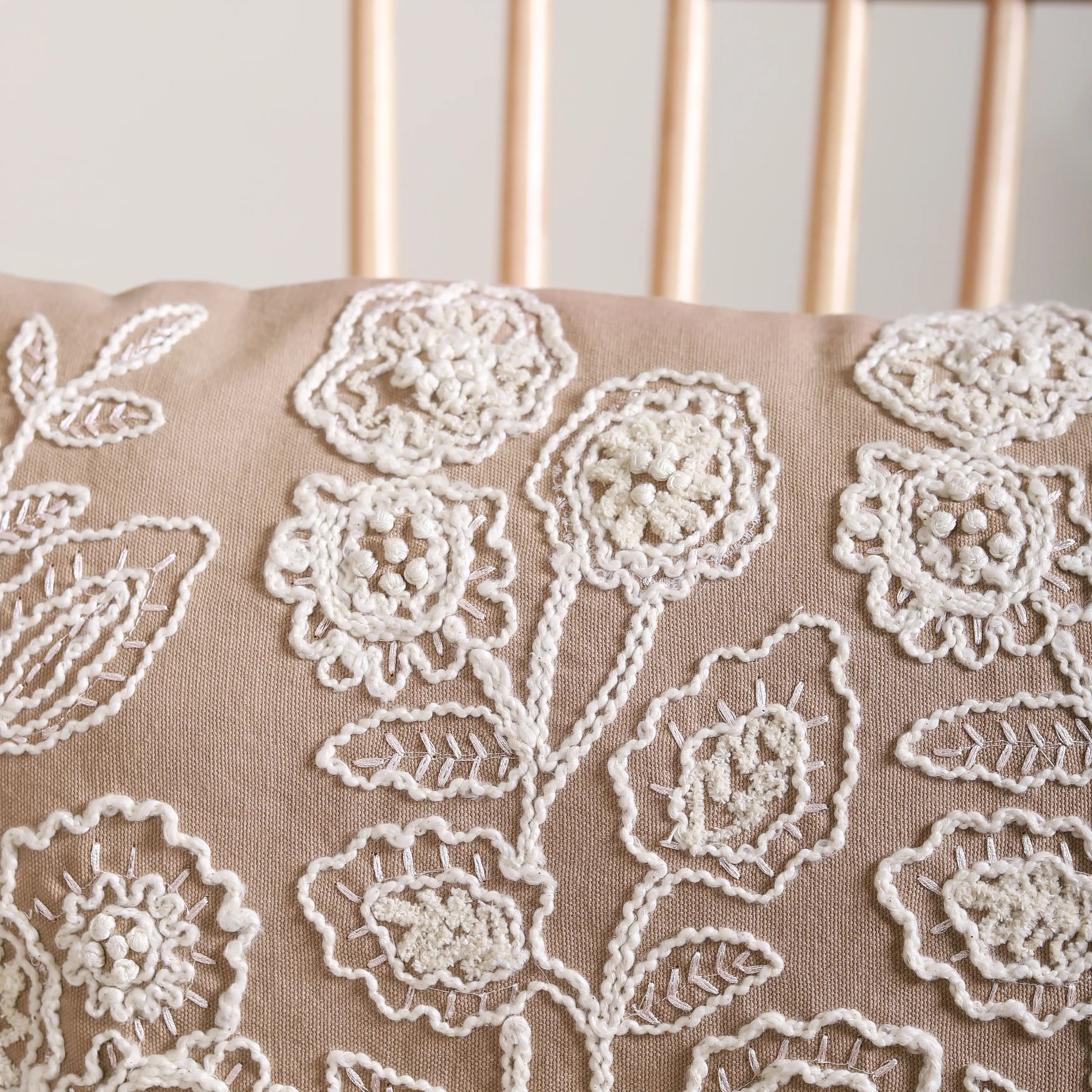 Floral Embroidered Throw Pillow Cover Beige 20x14 Inch - Image 7