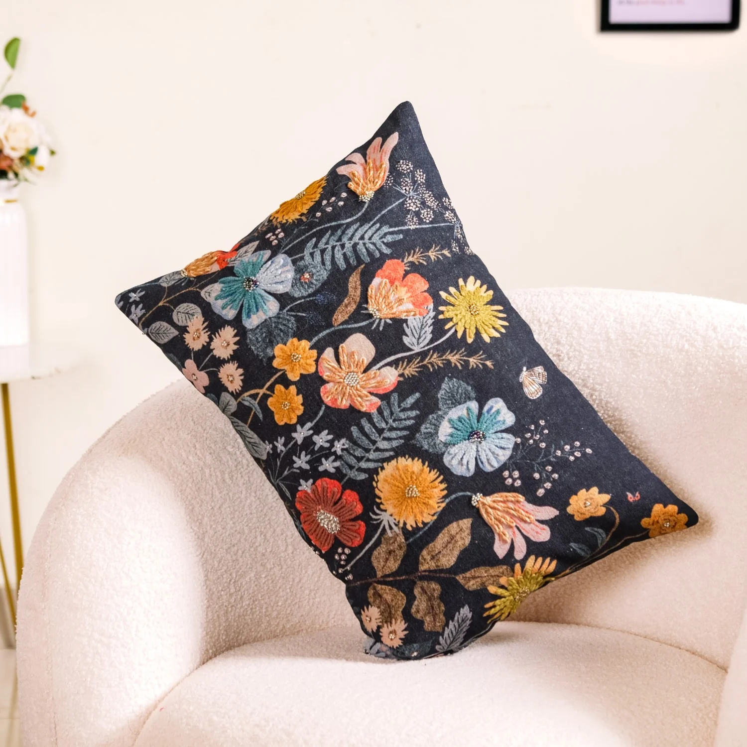 Floral Fantasy Beaded Couch Cushion Cover 20x14 Inch - Image 2