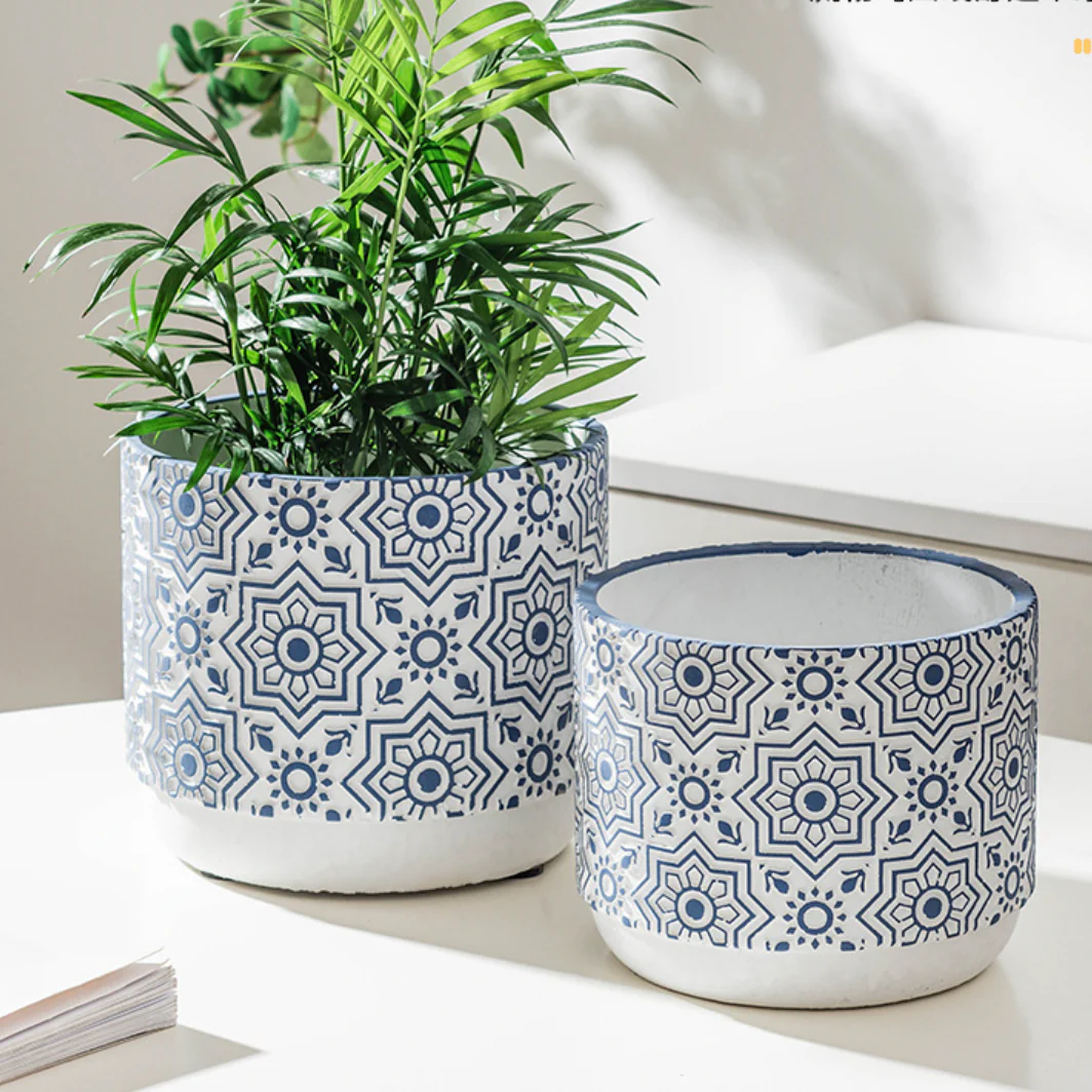 Floral Geometric Blue White Pot - Image 2
