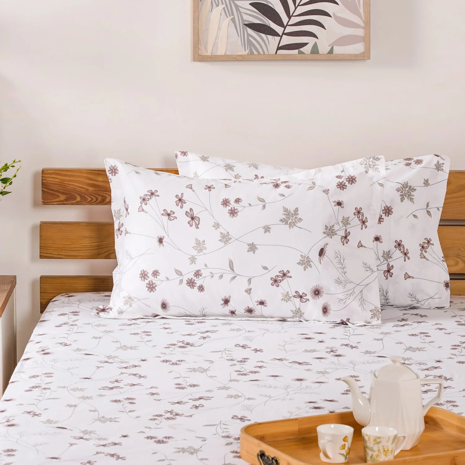 Floral Printed 180 TC Pure Soft Cotton King Size Night Bedsheet Set Taupe 275x275 cm - Image 2