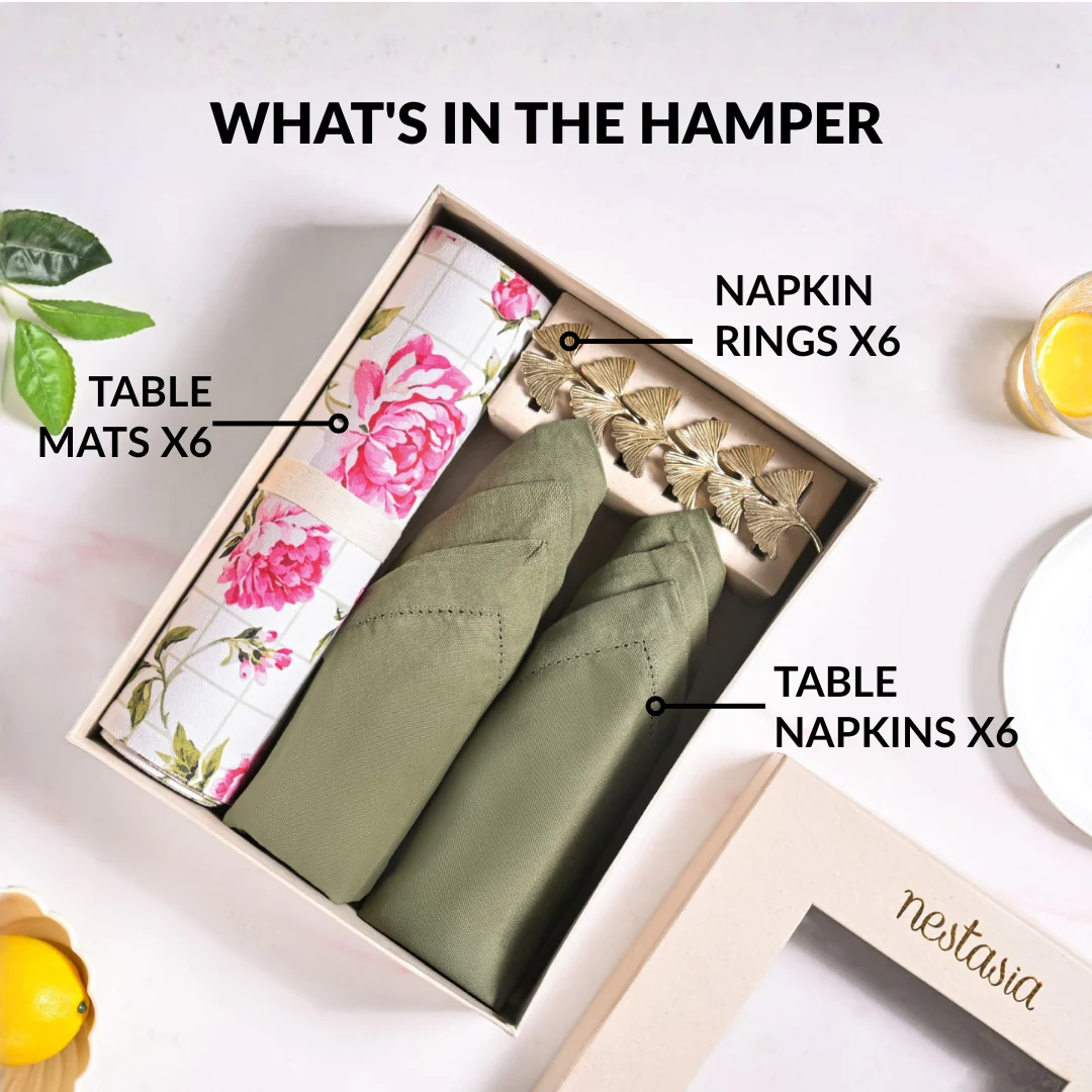 Floral Rouge Table Linen Gift Hamper With Set Of 6 Rings Napkins And Mats - Image 2