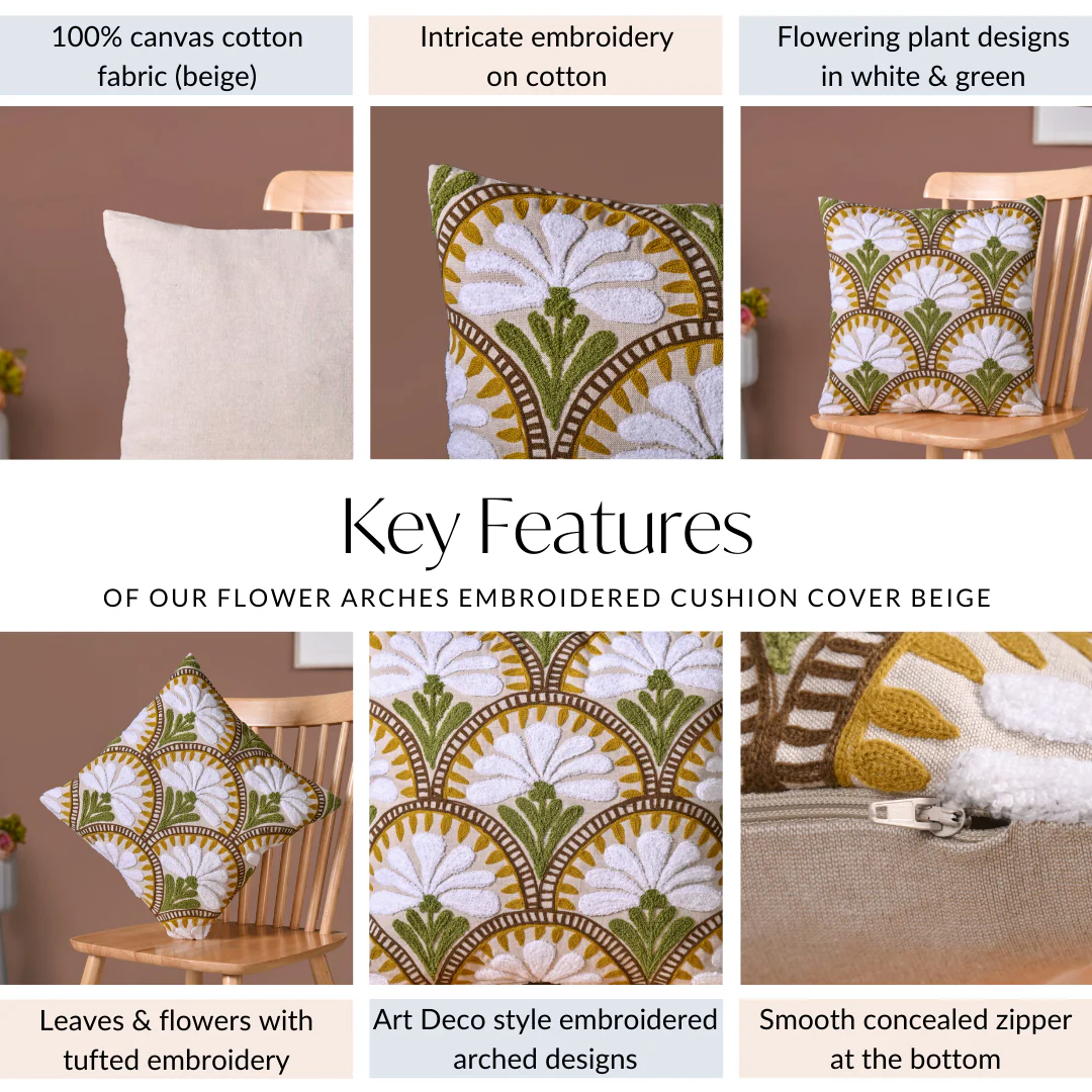 Flower Arches Embroidered Cushion Cover Beige 40x40cm - Image 5