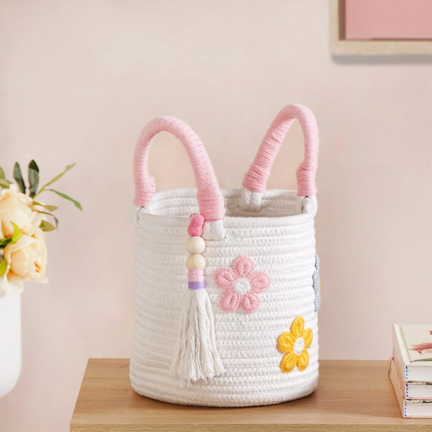 Flower Basket With Pink Handles 19cm - Image 2