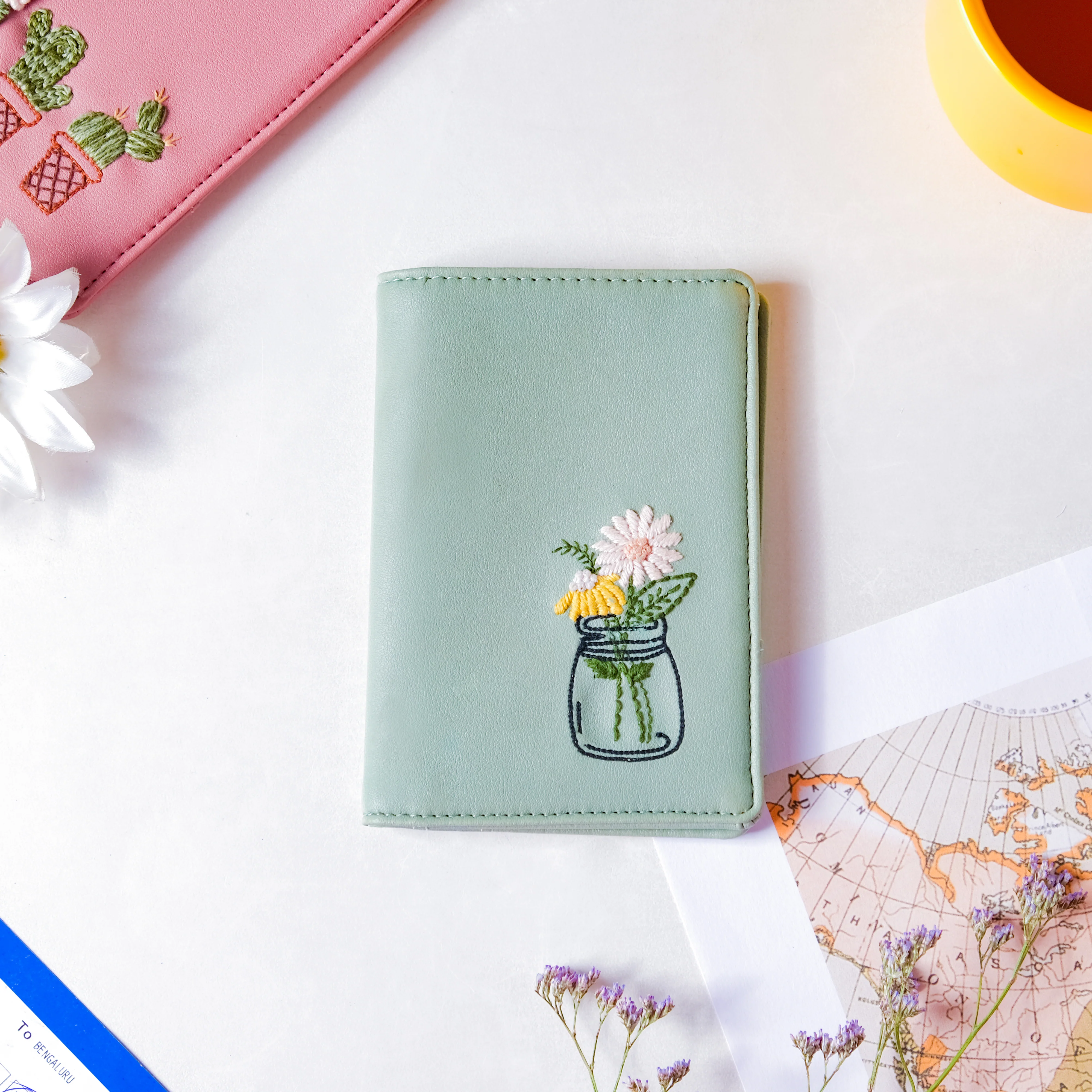 Flower Jar Two Fold Passport Cover Green