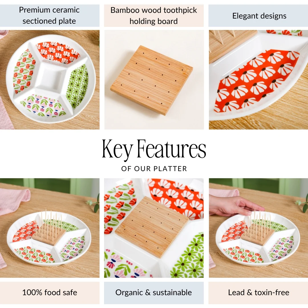 Flower Power Ceramic Section Plate With Toothpick Set 23cm - Image 5
