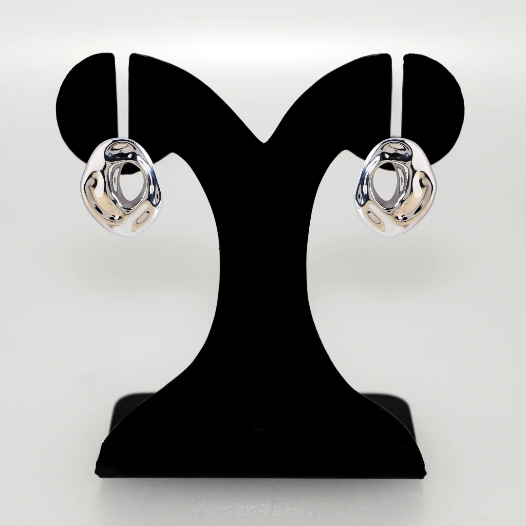 Fluid Hollow Oval Silver Statement Earrings - Image 6