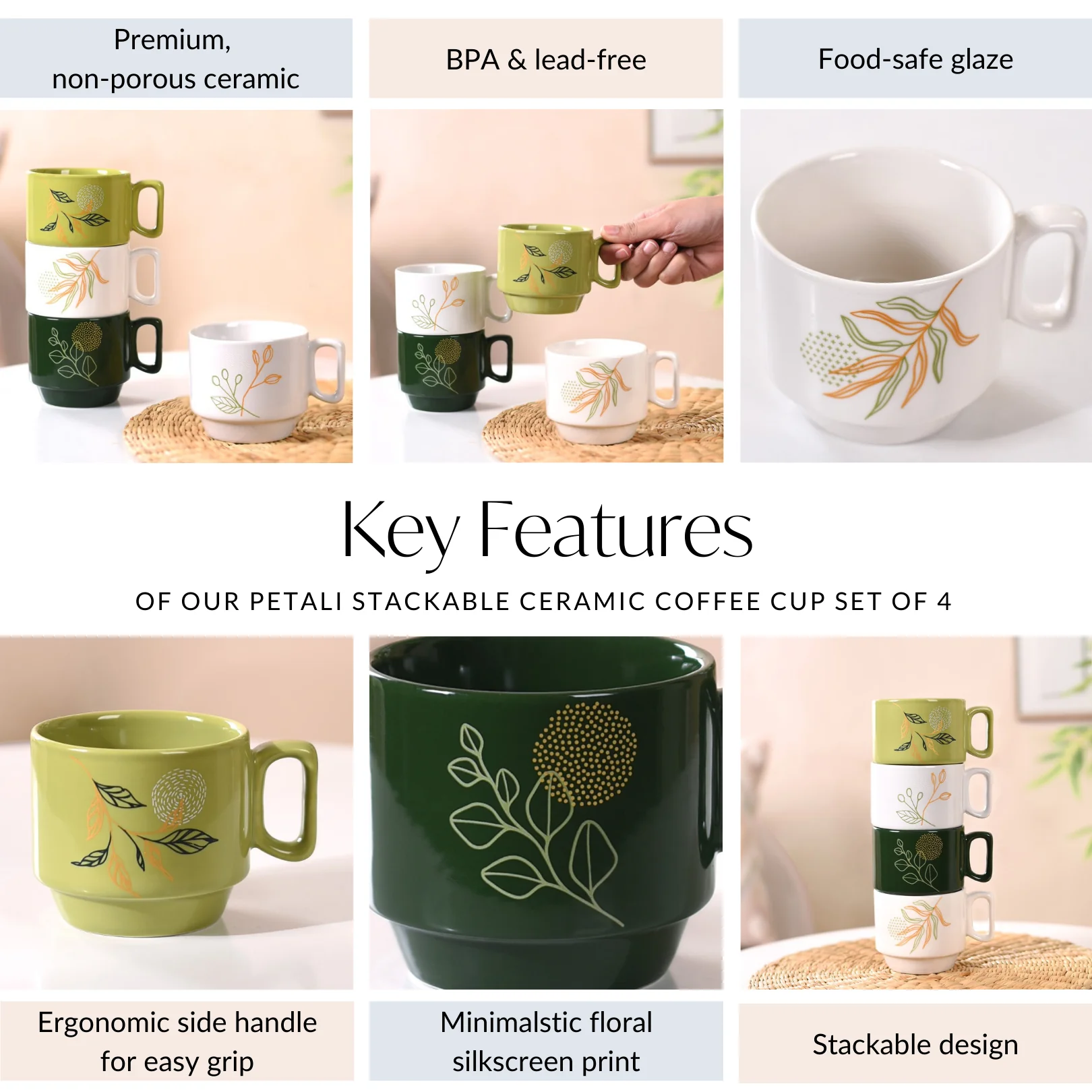 Foliage Stackable Ceramic Coffee Cup Set Of 4 250ml - Image 5