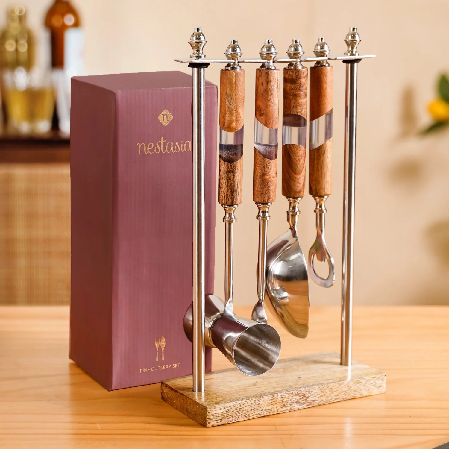 Fusion Wood Resin SS Bar Tool Set Of 4 With Stand - Image 4