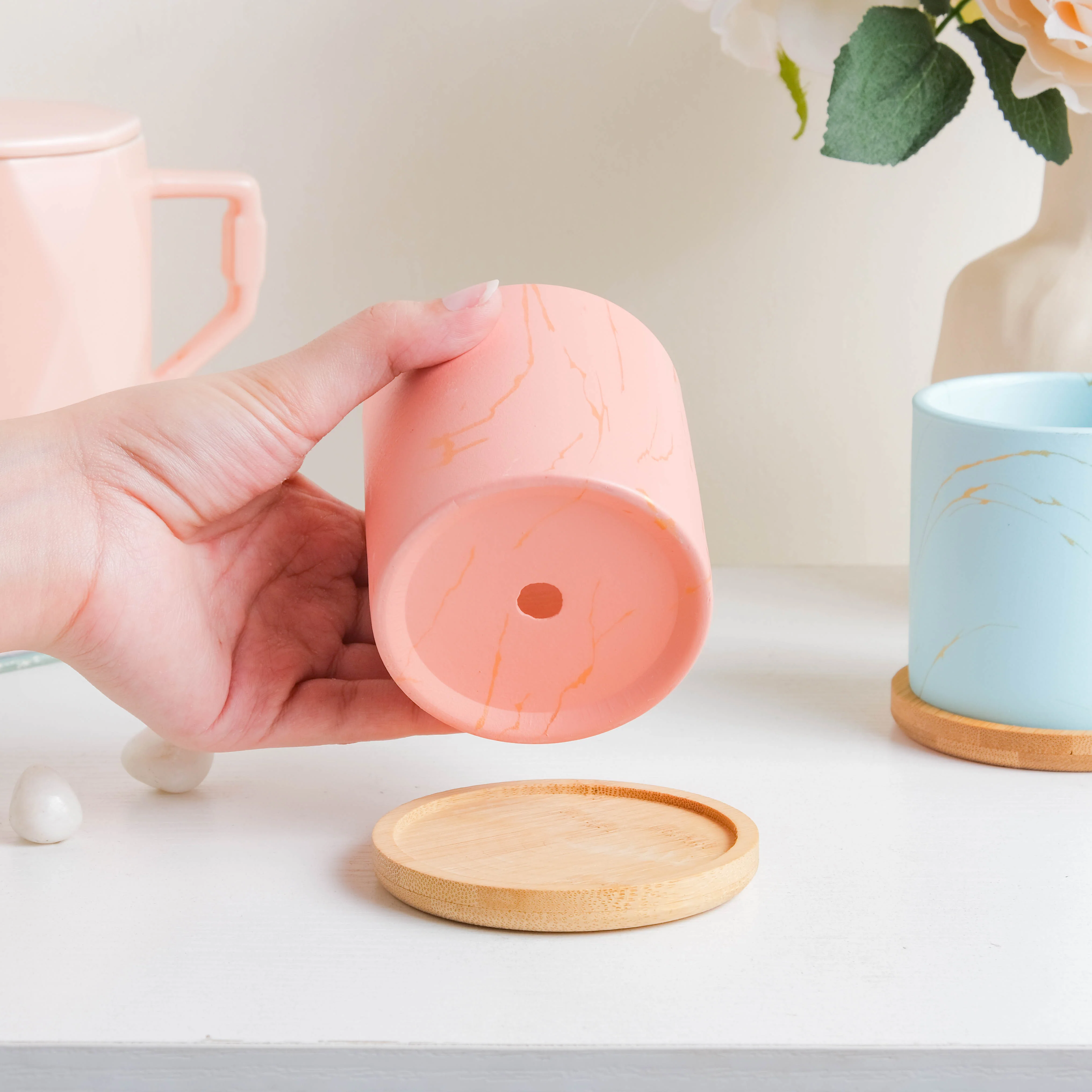 Fuzzy Peach Planter With Coaster - Image 3