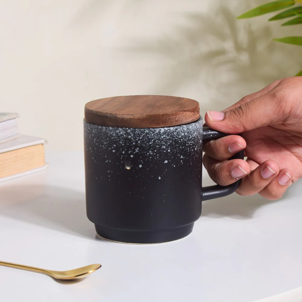 Galaxy Stone Pottery Mug With Lid Black 250 ml - Image 3