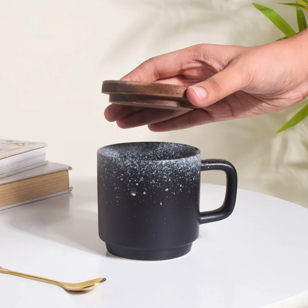 Galaxy Stone Pottery Mug With Lid Black 250 ml - Image 4