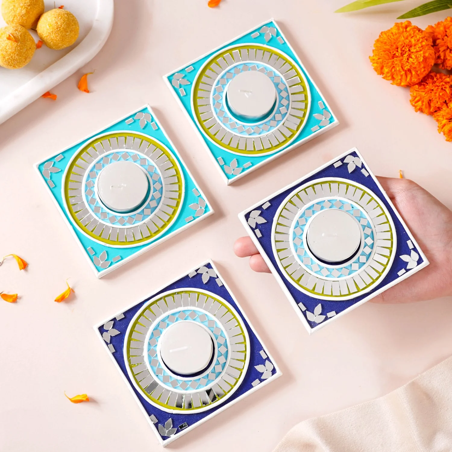 Geometric Blues Lippan Art Tealight Candle Holder Set Of 4 - Image 2