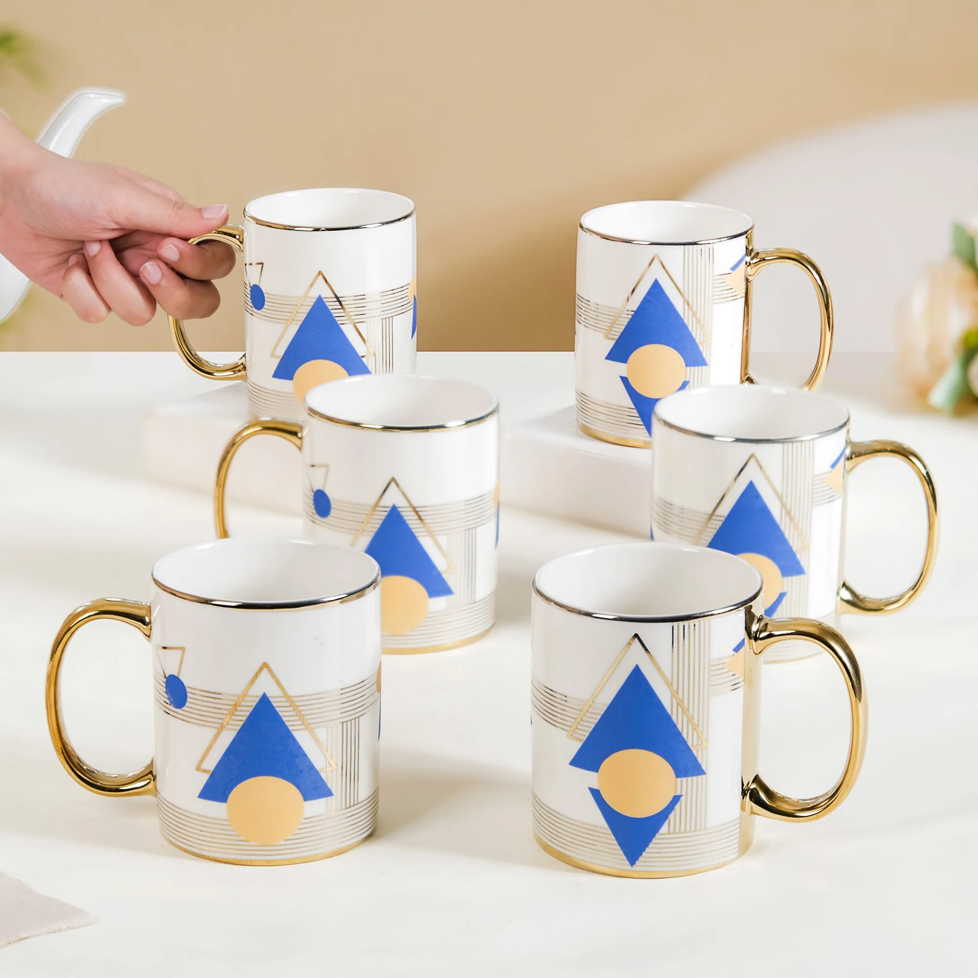 Geometric Chic Ceramic Tea Cup Set of 6 350ml - Image 2