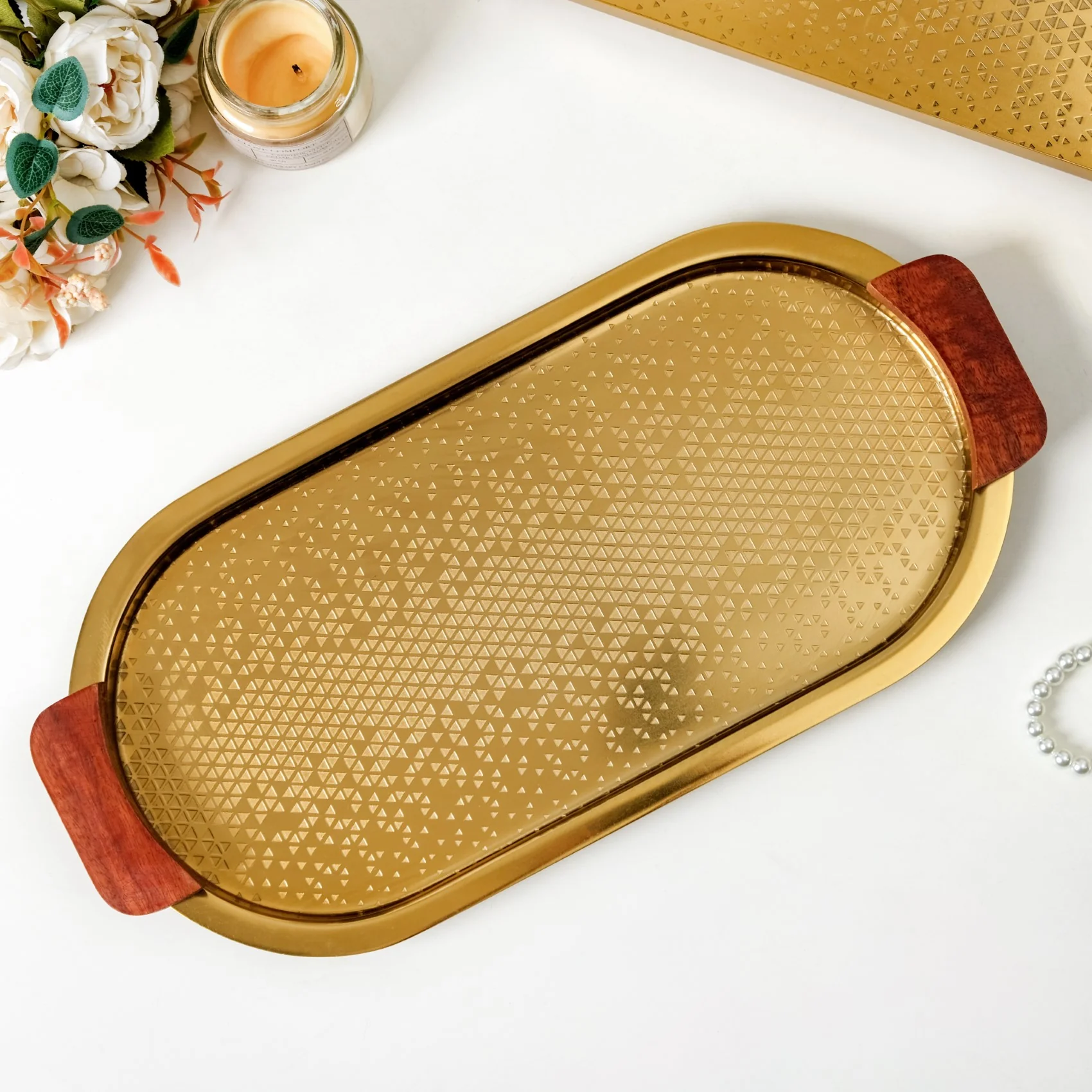Geometric Embossed Oval Metal Tray With Wooden Handles - Image 6