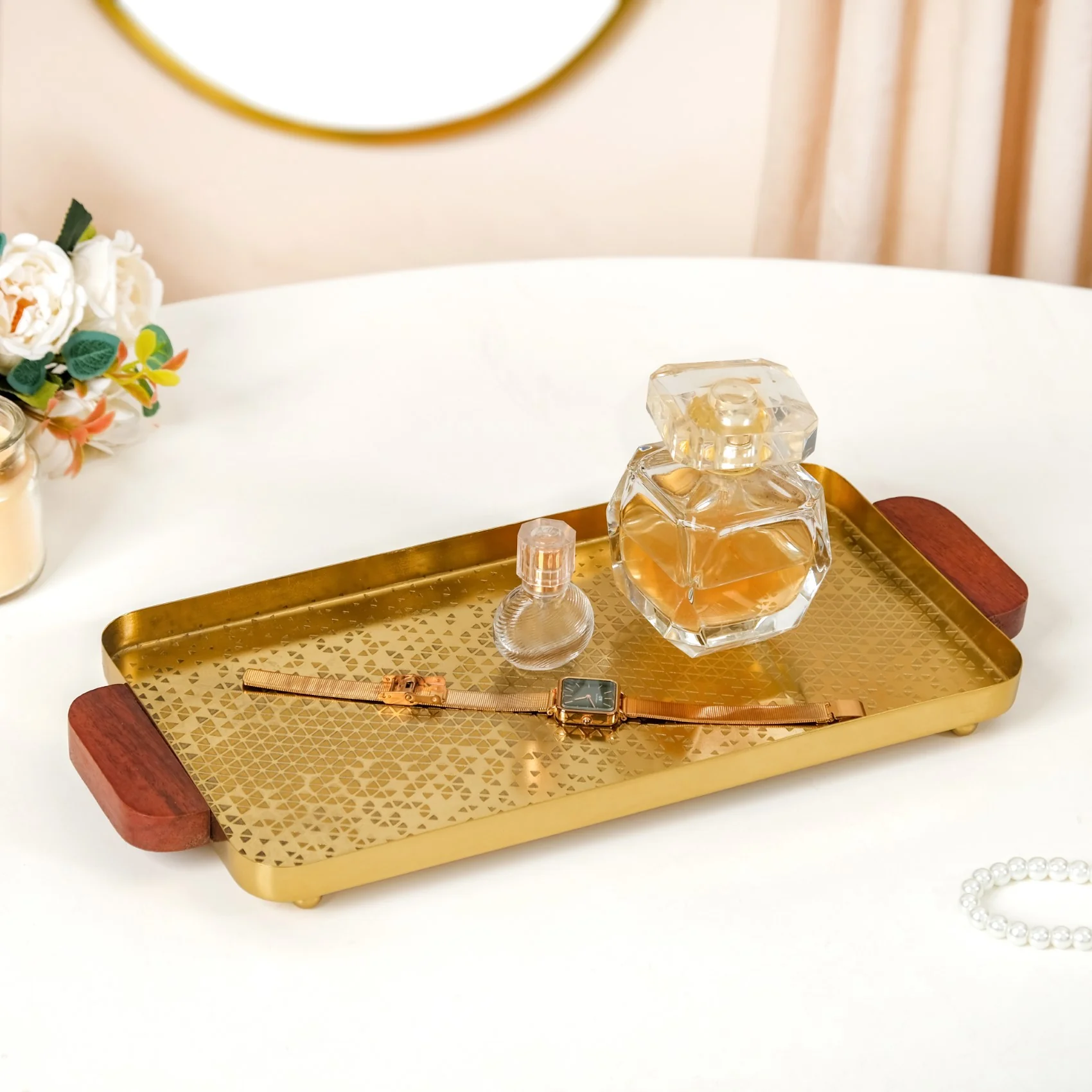 Geometric Embossed Rectangle Metal Tray With Wooden Handles - Image 2